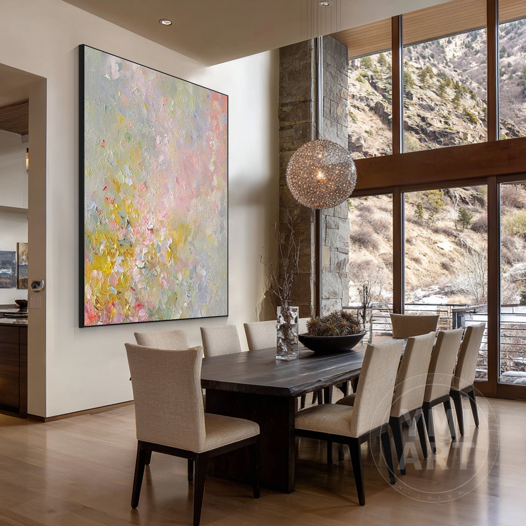Vertical soft pastel wildflower impasto oil painting, textured impressionist blurred spring floral canvas wall art in pink yellow green neutral tones