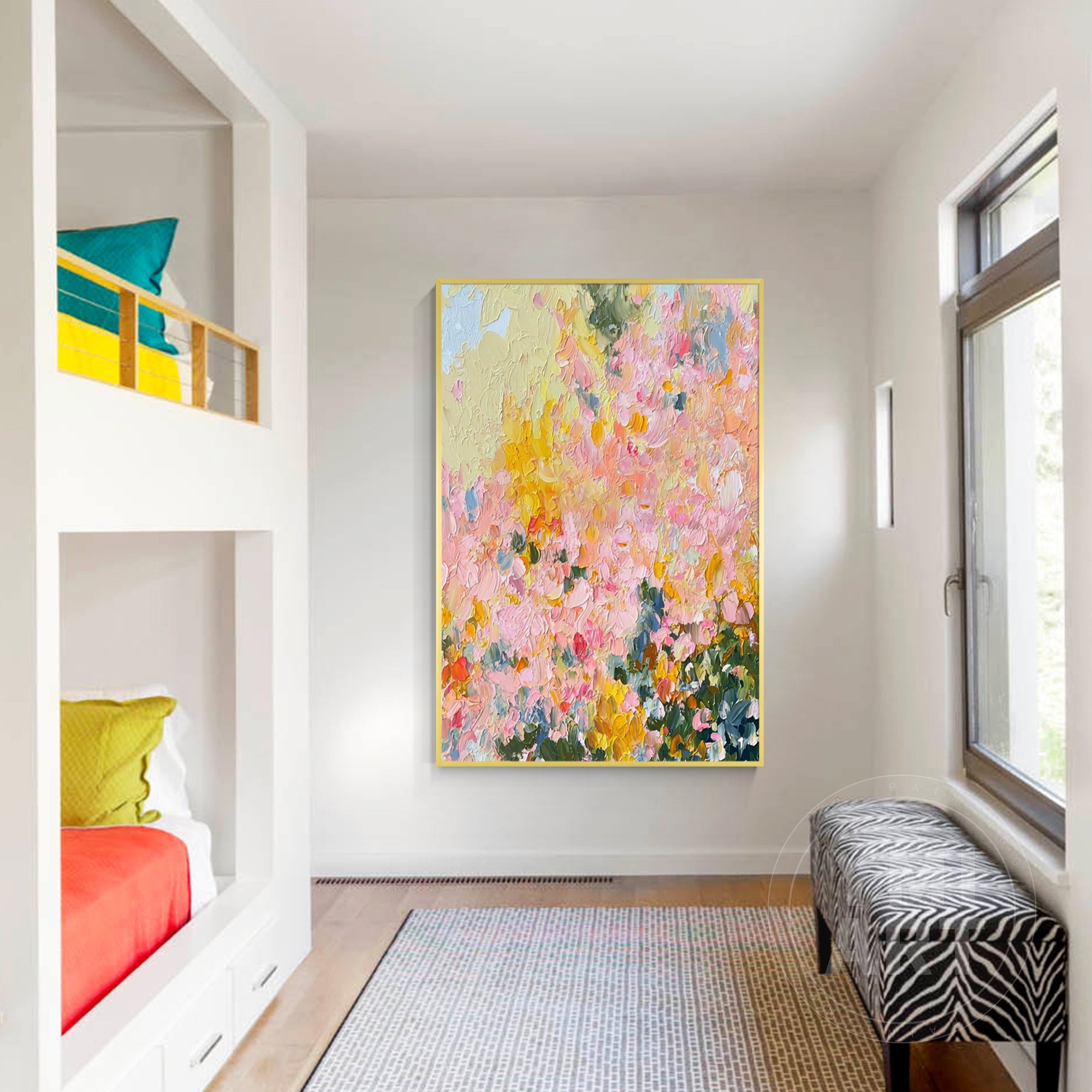 Hand‑painted vertical thick impasto textured abstract spring wildflower wall art with pink yellow green blooms and natural wood frame for boho cottagecore modern home decor