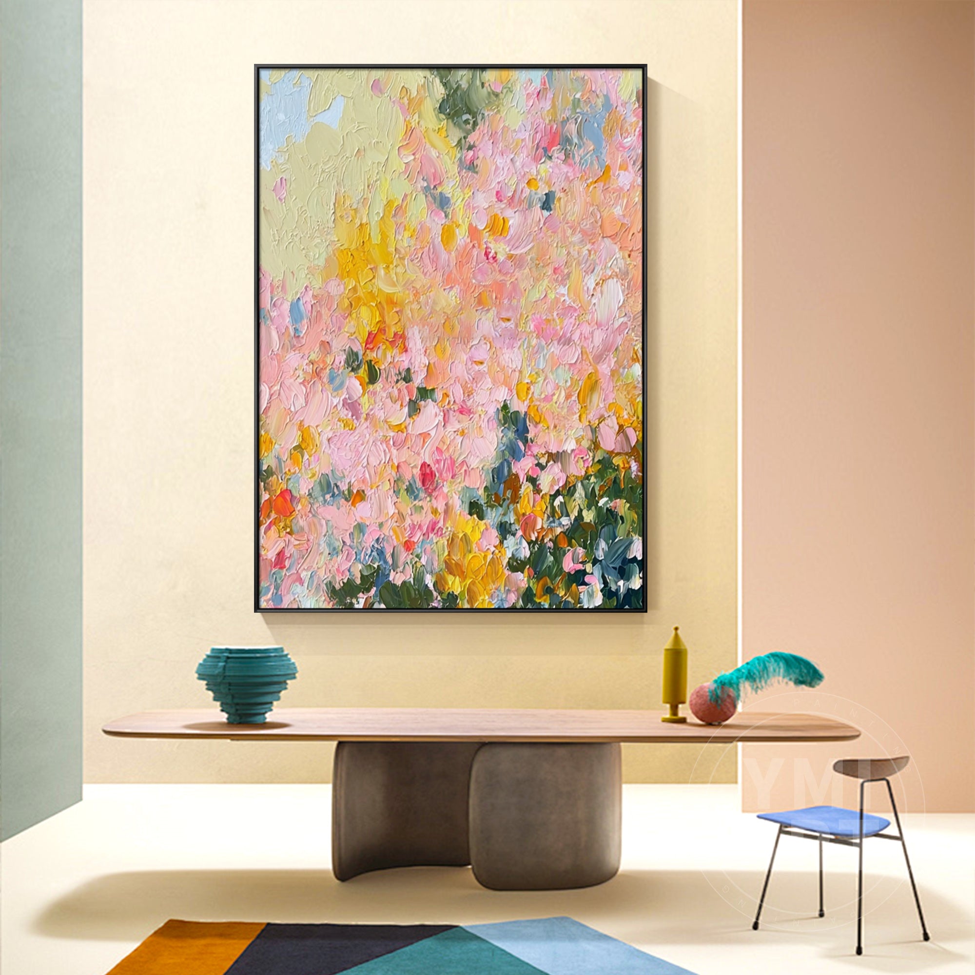 Hand‑painted vertical thick impasto textured abstract spring wildflower wall art with pink yellow green blooms and natural wood frame for boho cottagecore modern home decor