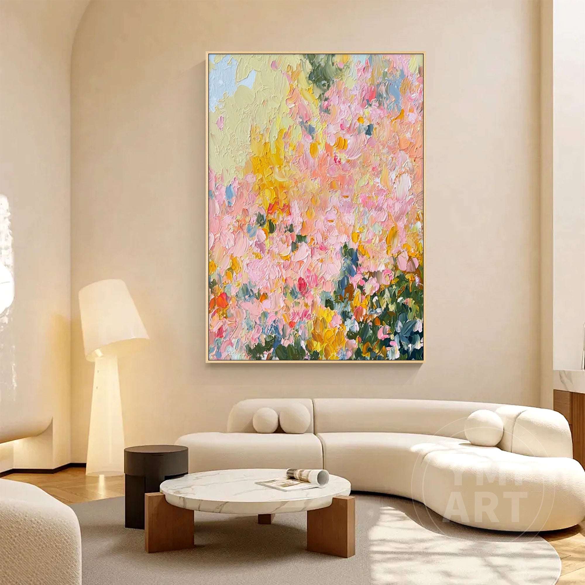 Hand‑painted vertical thick impasto textured abstract spring wildflower wall art with pink yellow green blooms and natural wood frame for boho cottagecore modern home decor