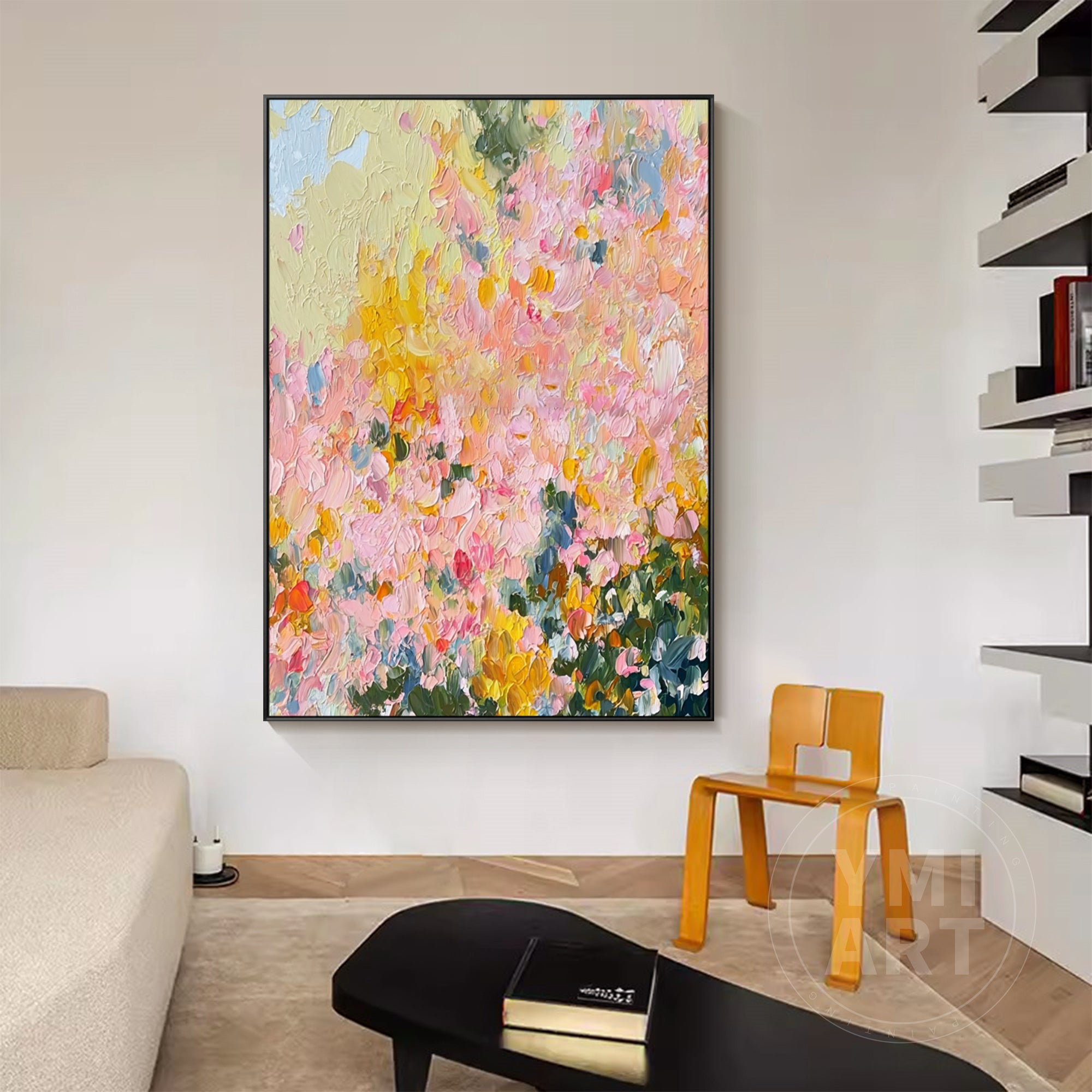 Hand‑painted vertical thick impasto textured abstract spring wildflower wall art with pink yellow green blooms and natural wood frame for boho cottagecore modern home decor
