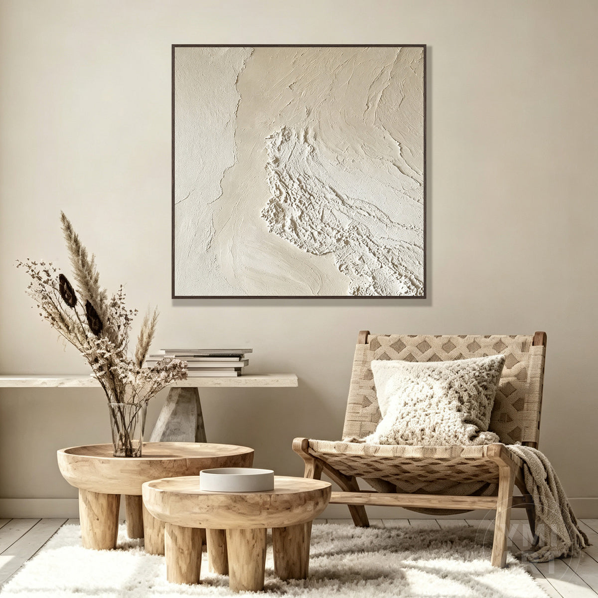 Beige textured abstract canvas art with raised organic details