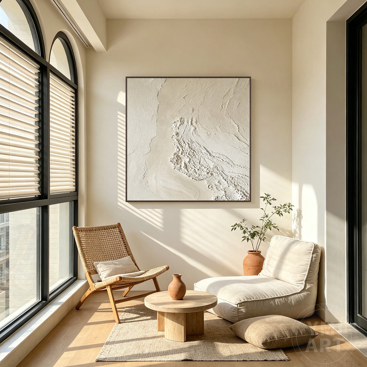 Abstract beige relief canvas painting with a sculptural textured surface