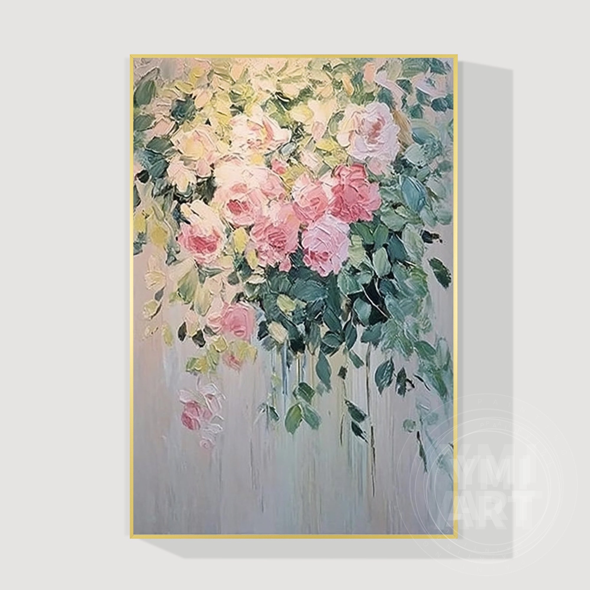 Hand‑painted vertical thick textured cascading blush pink rose floral wall art for french vintage cottagecore romantic modern home decor