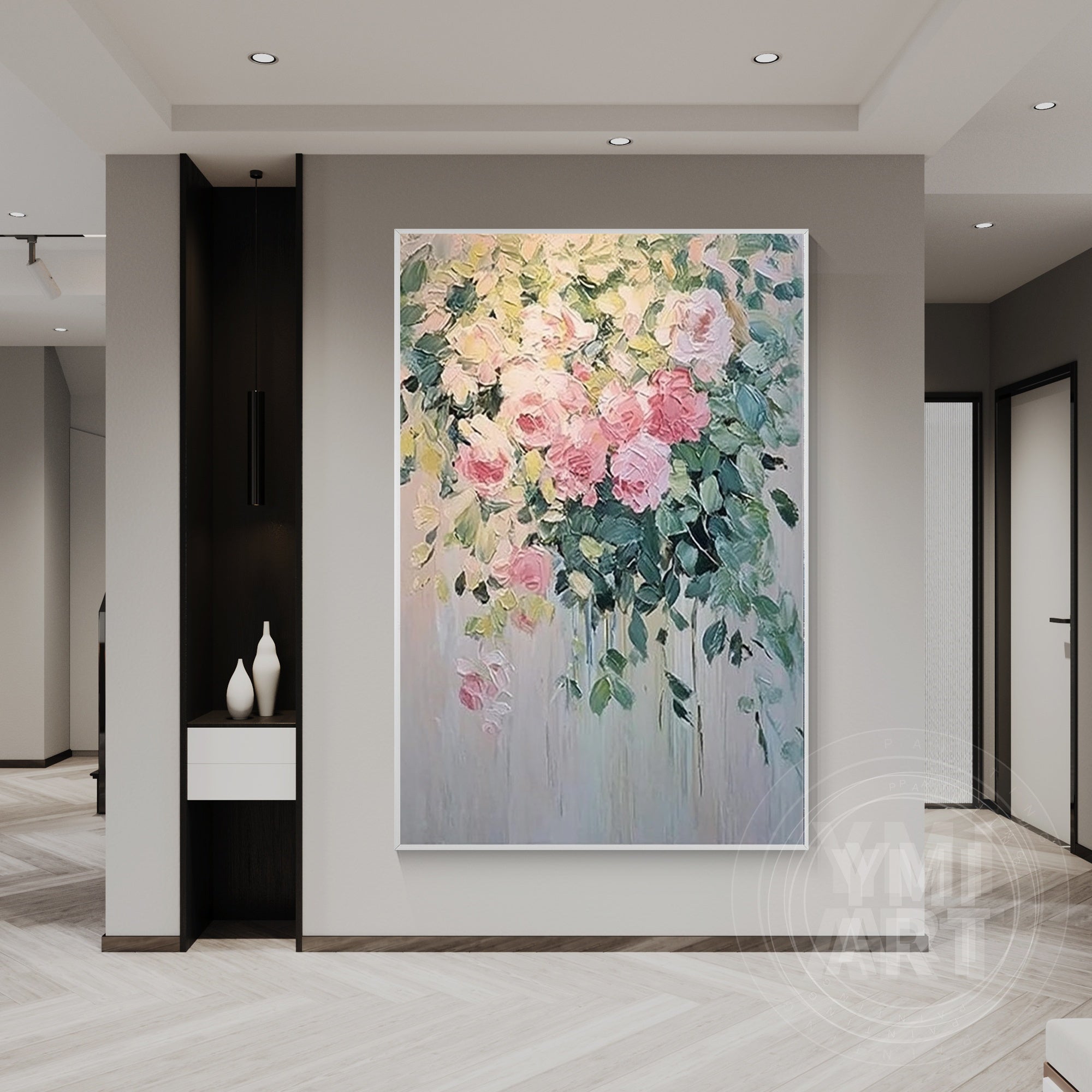 Hand‑painted vertical thick textured cascading blush pink rose floral wall art for french vintage cottagecore romantic modern home decor
