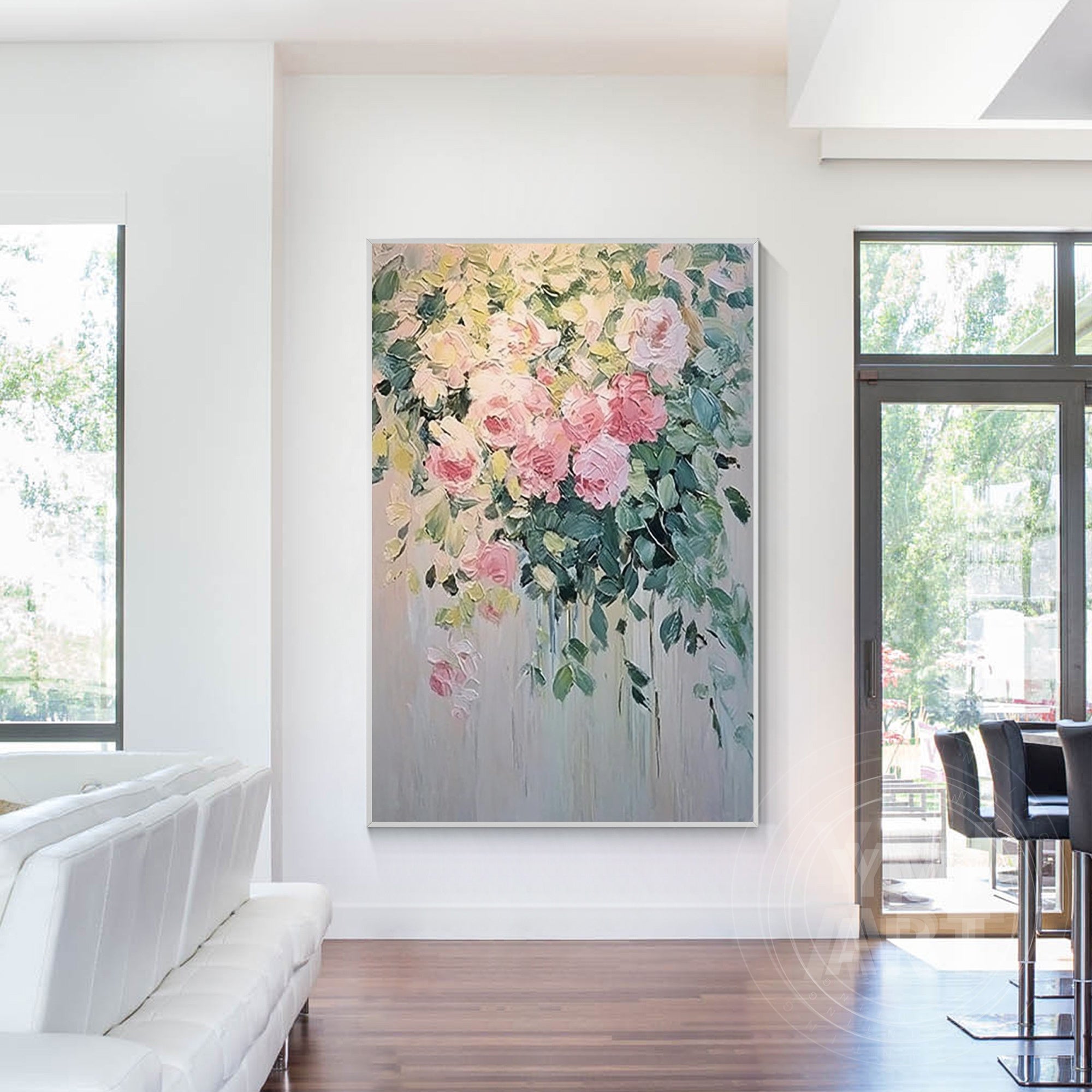 Hand‑painted vertical thick textured cascading blush pink rose floral wall art for french vintage cottagecore romantic modern home decor