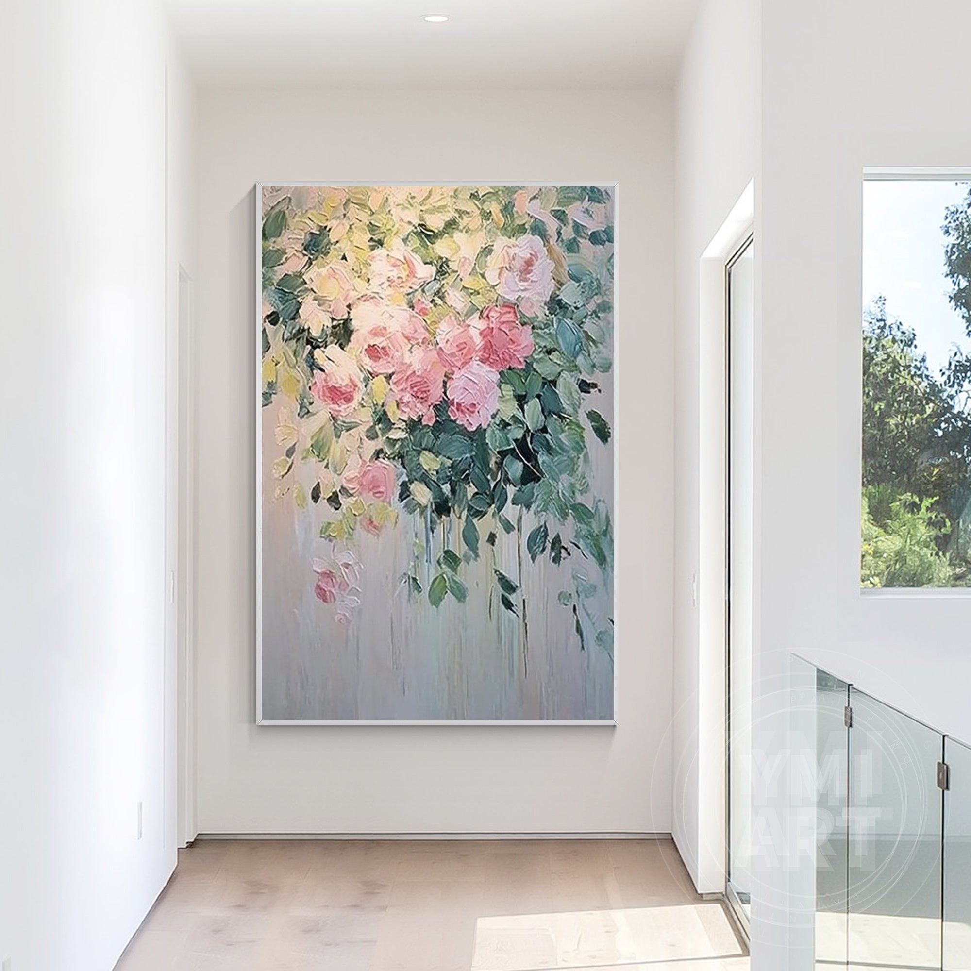 Hand‑painted vertical thick textured cascading blush pink rose floral wall art for french vintage cottagecore romantic modern home decor