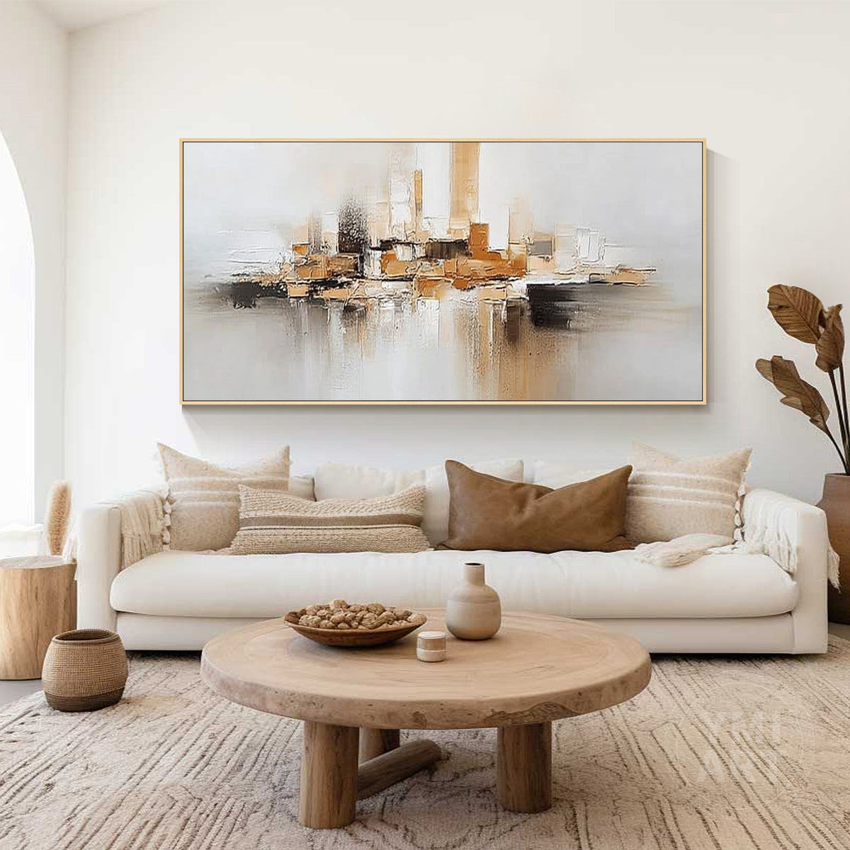 Gold and beige abstract urban landscape wall art for modern interiors