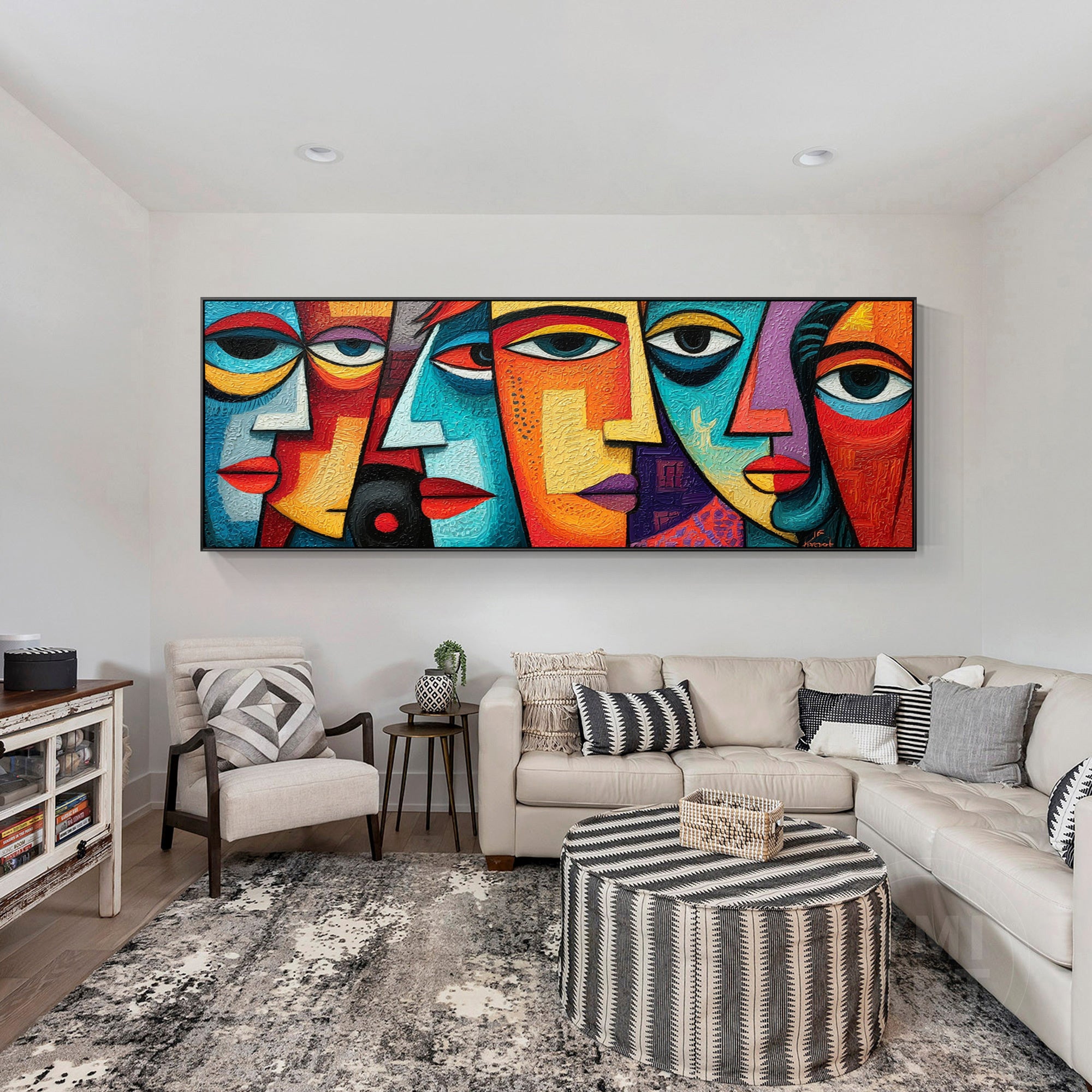 Hand‑painted long horizontal thick impasto textured cubist geometric abstract face wall art