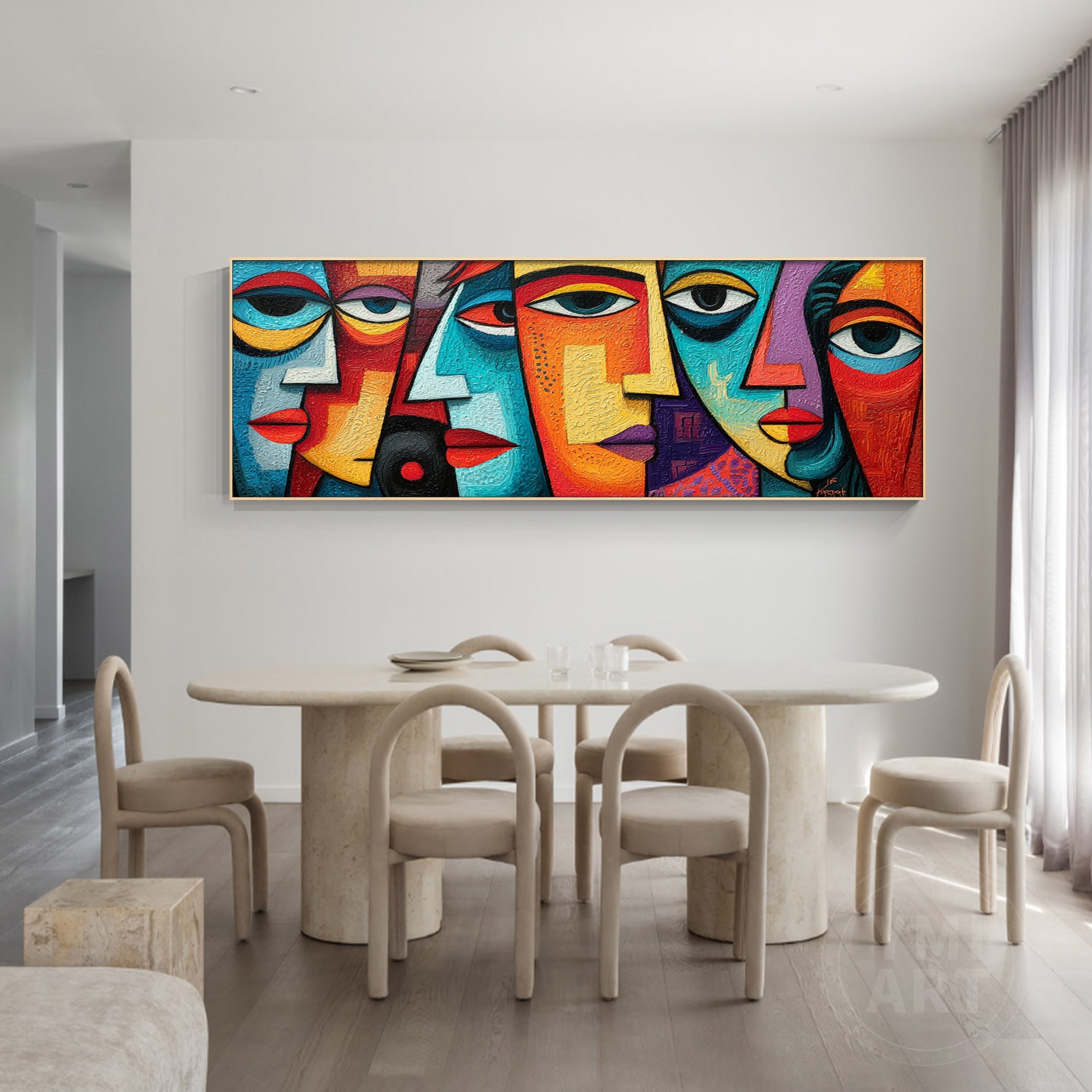 Hand‑painted long horizontal thick impasto textured cubist geometric abstract face wall art