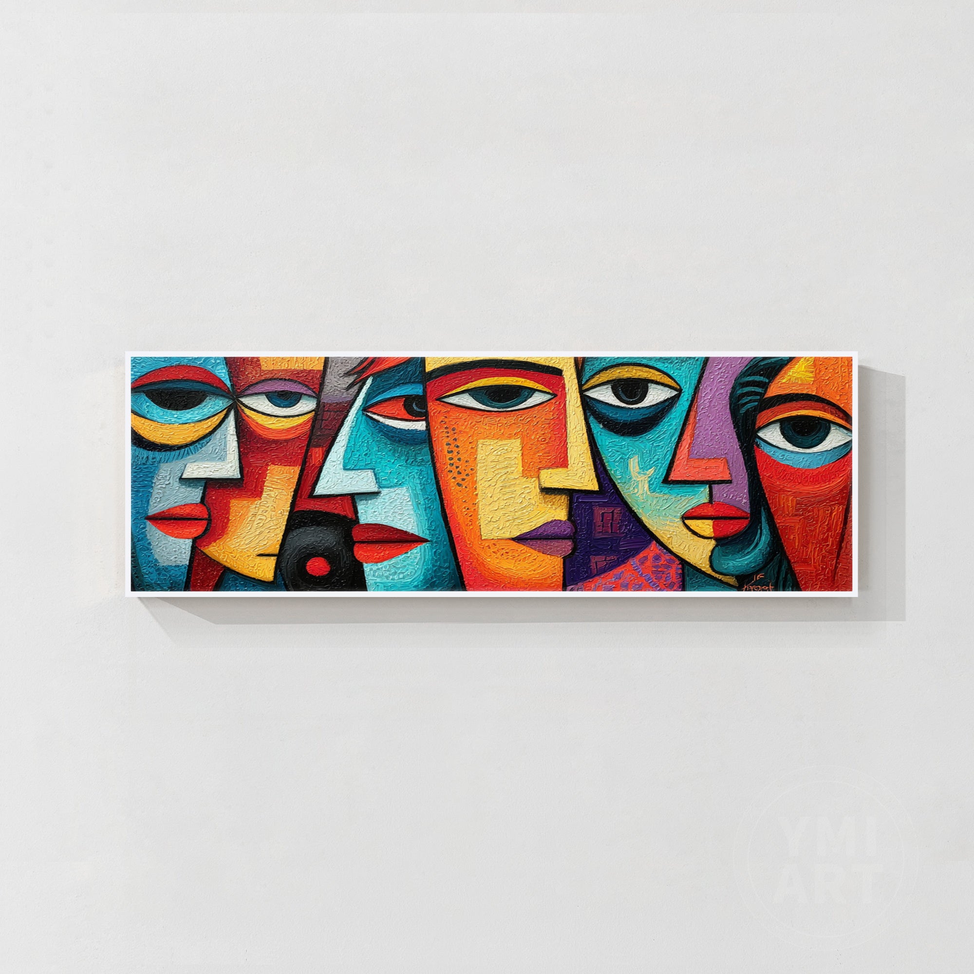 Hand‑painted long horizontal thick impasto textured cubist geometric abstract face wall art