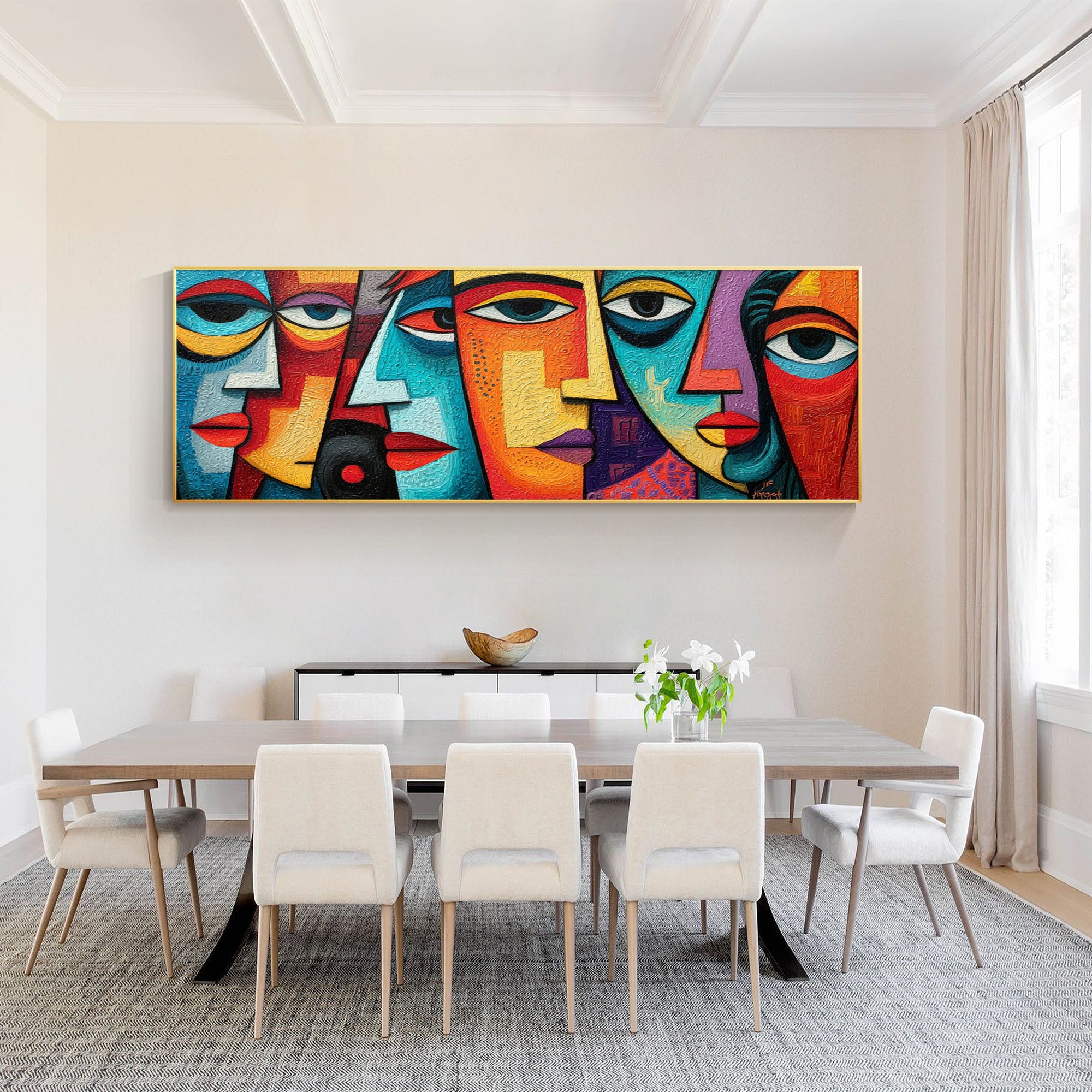 Hand‑painted long horizontal thick impasto textured cubist geometric abstract face wall art