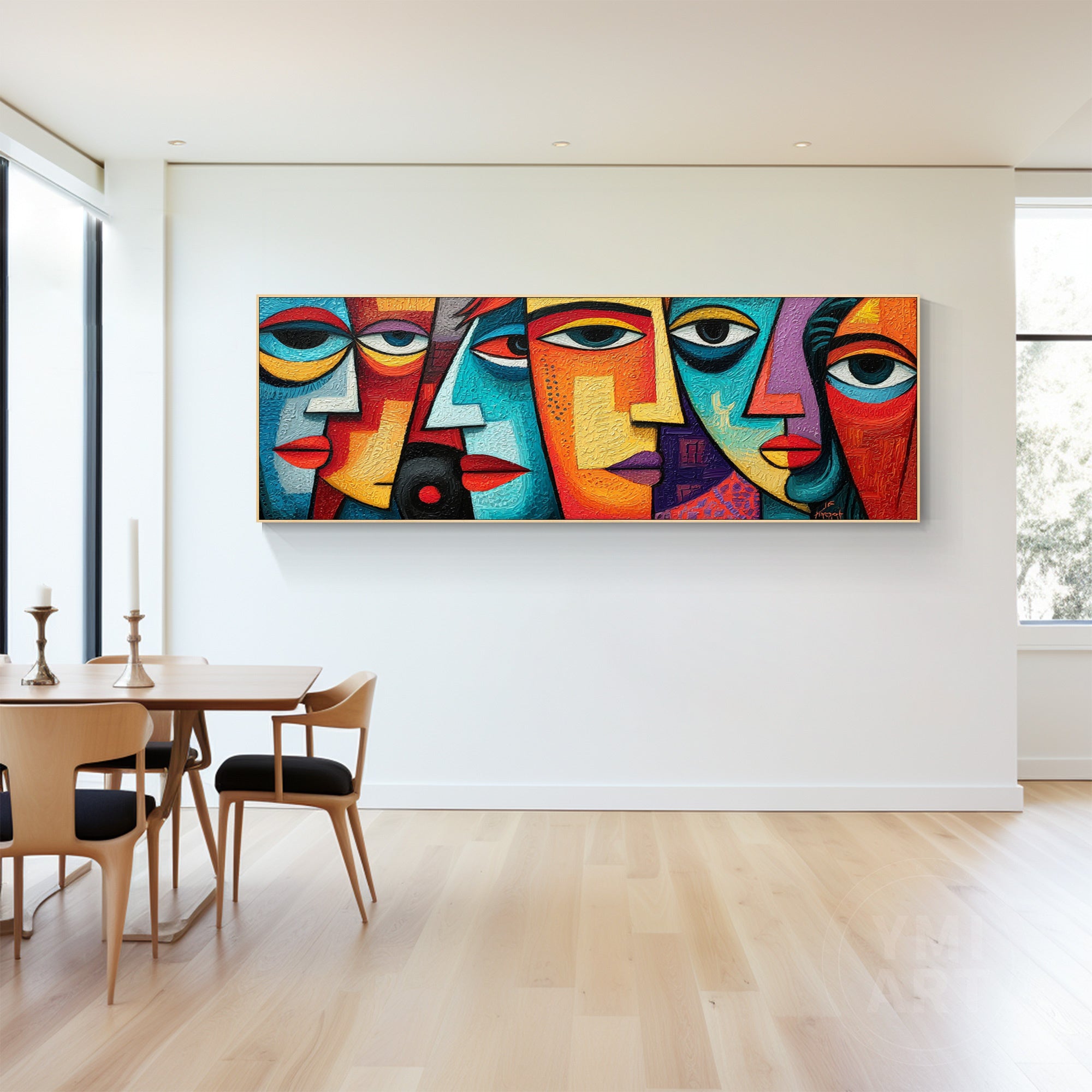 Hand‑painted long horizontal thick impasto textured cubist geometric abstract face wall art