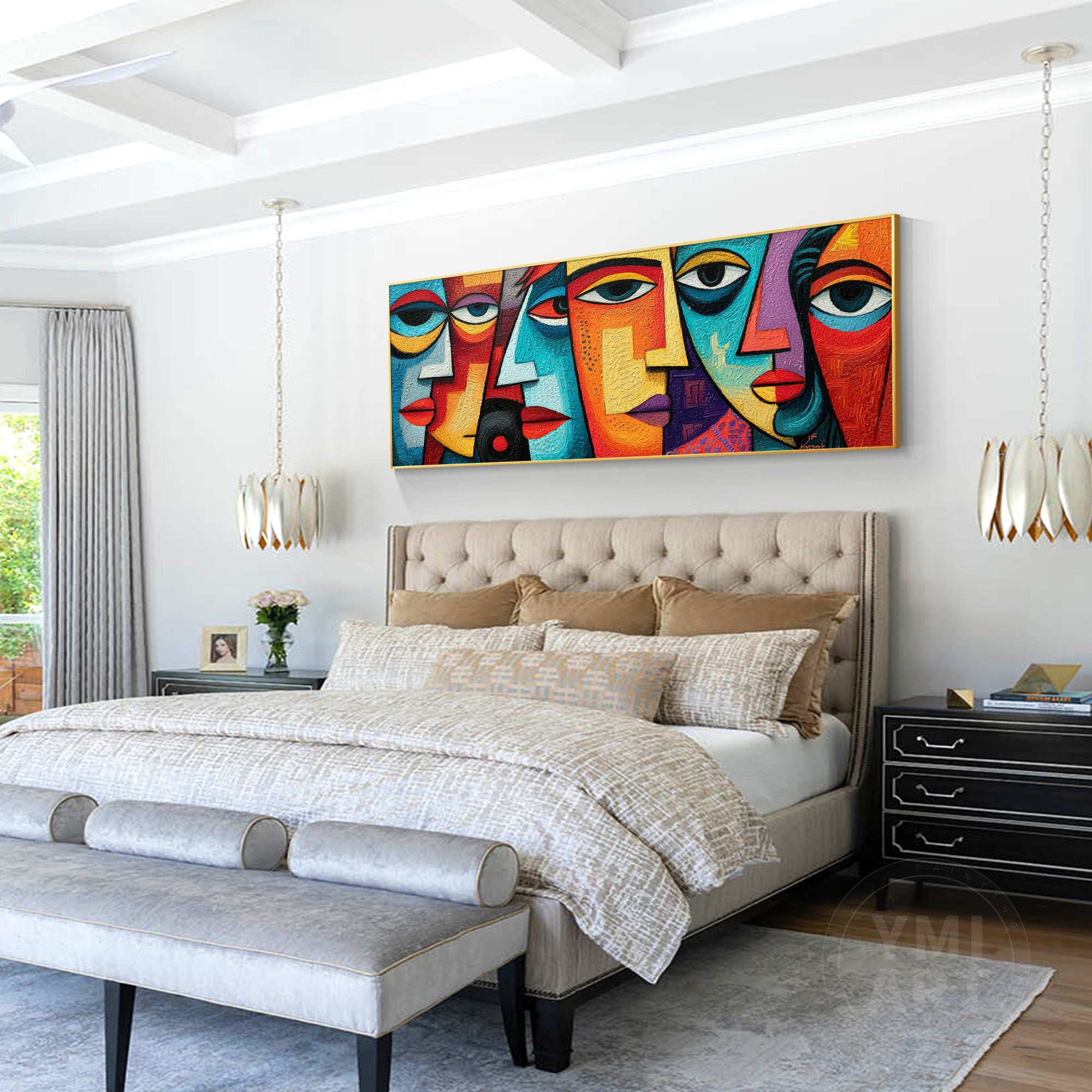 Hand‑painted long horizontal thick impasto textured cubist geometric abstract face wall art