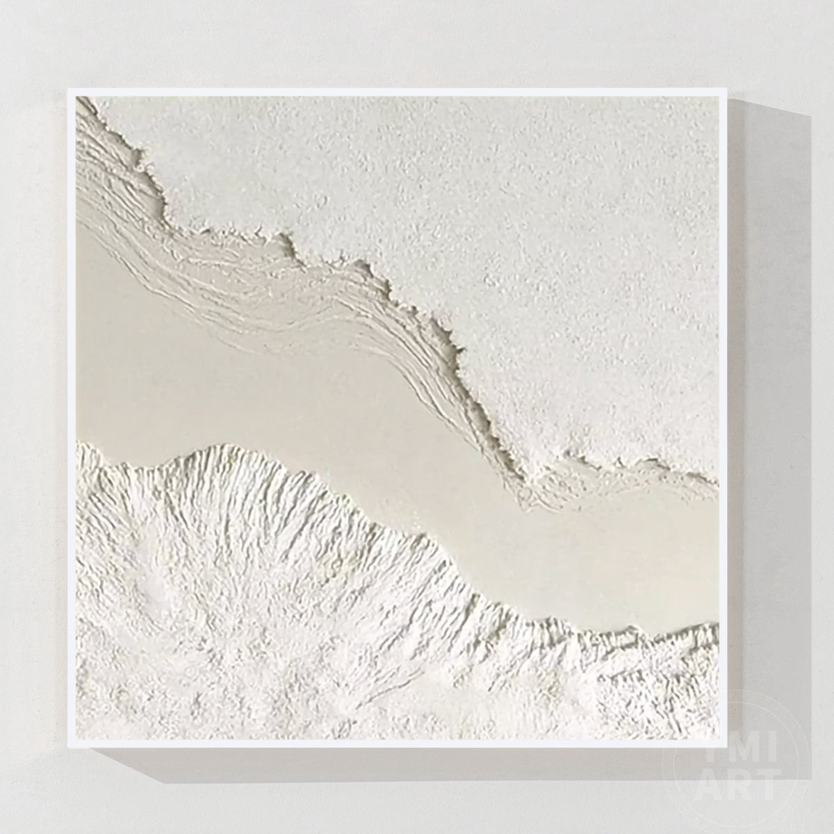 Abstract topographic plaster relief painting featuring white textured valleys and ridges on framed canvas.