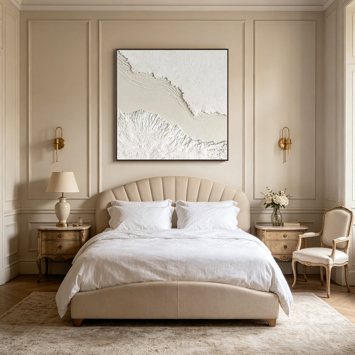 Close-up view of heavy impasto textured white canvas artwork showing intricate raised details and dark wood frame.