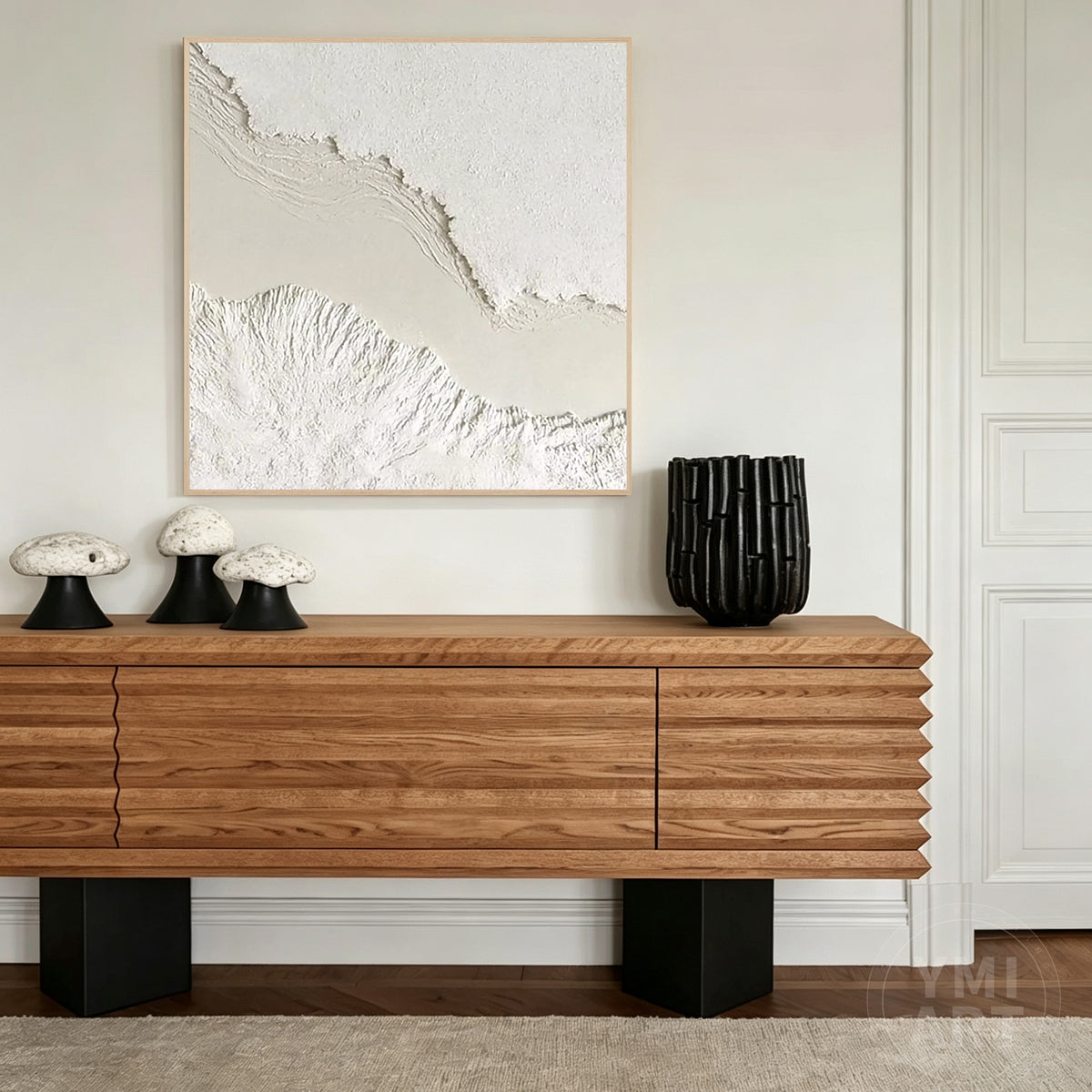 Minimalist white 3D textured canvas wall art with layered plaster design in a sleek frame for modern living room decor.
