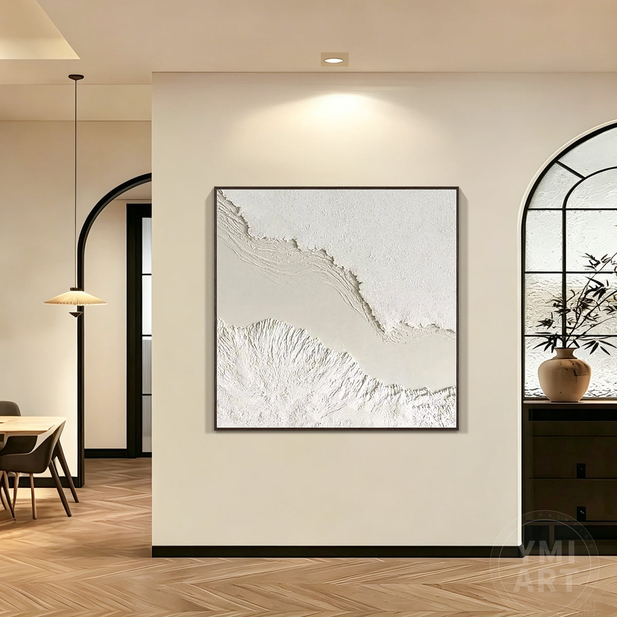 Wabi-sabi style white textured plaster canvas wall decor with subtle organic lines and natural tones.