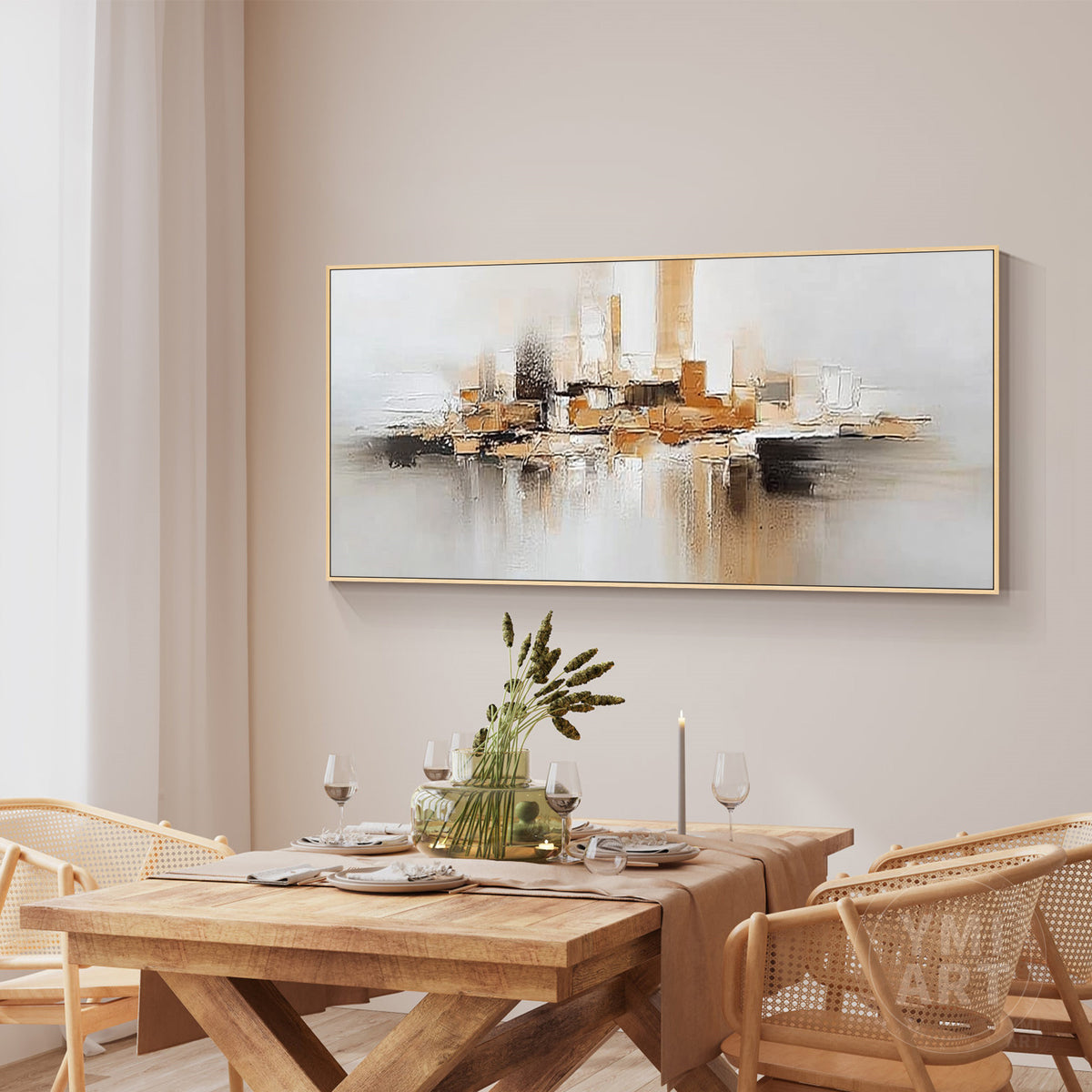Modern abstract city painting featuring gold and beige tones
