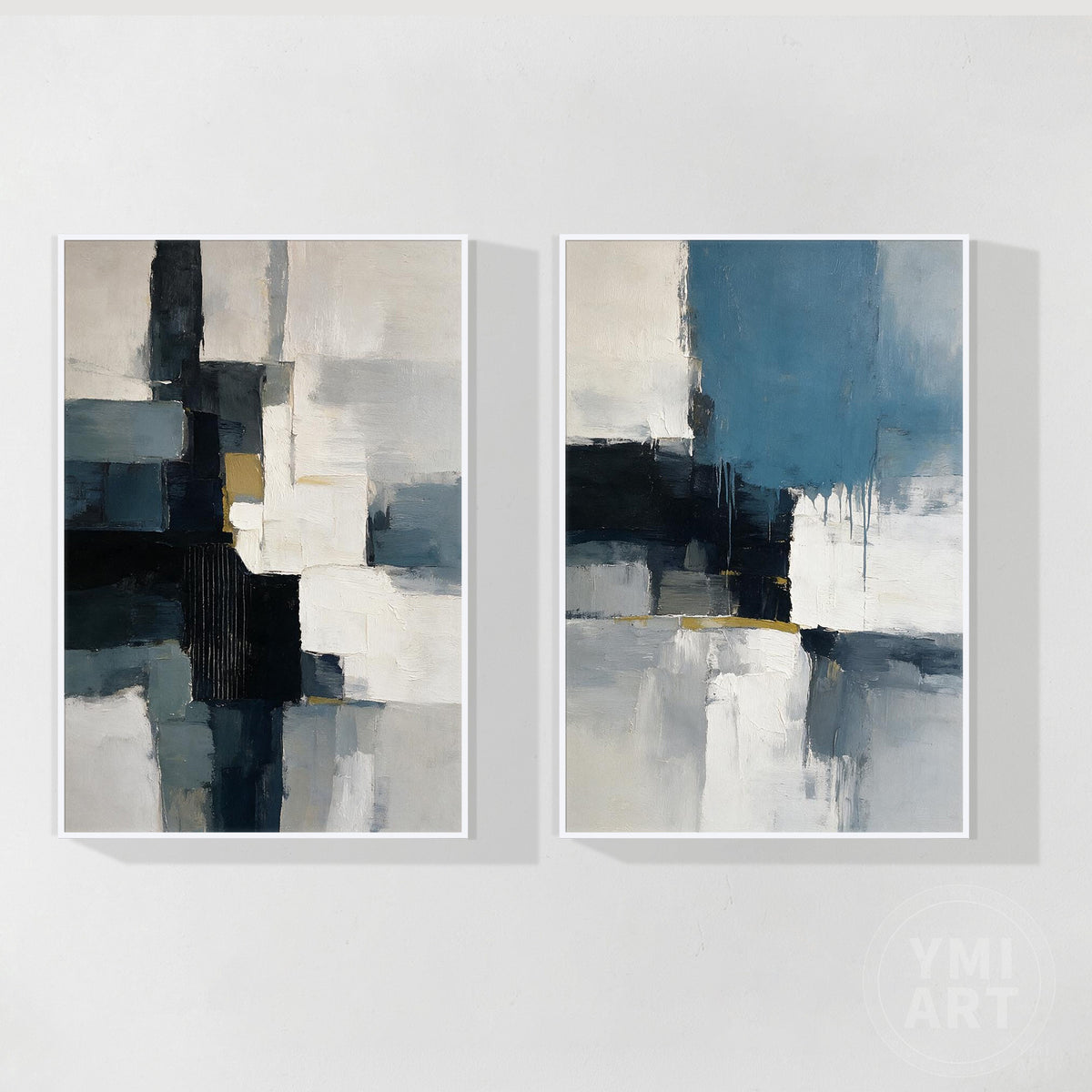 Blue gray black and white abstract diptych wall art with geometric shapes and textured brushstrokes