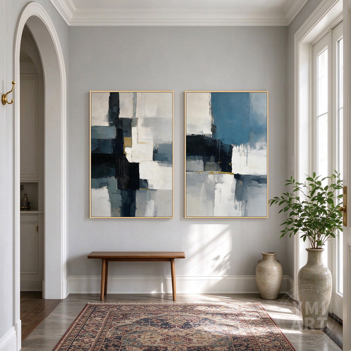 Modern geometric abstract painting in charcoal black blue gray and ivory with a subtle gold accent