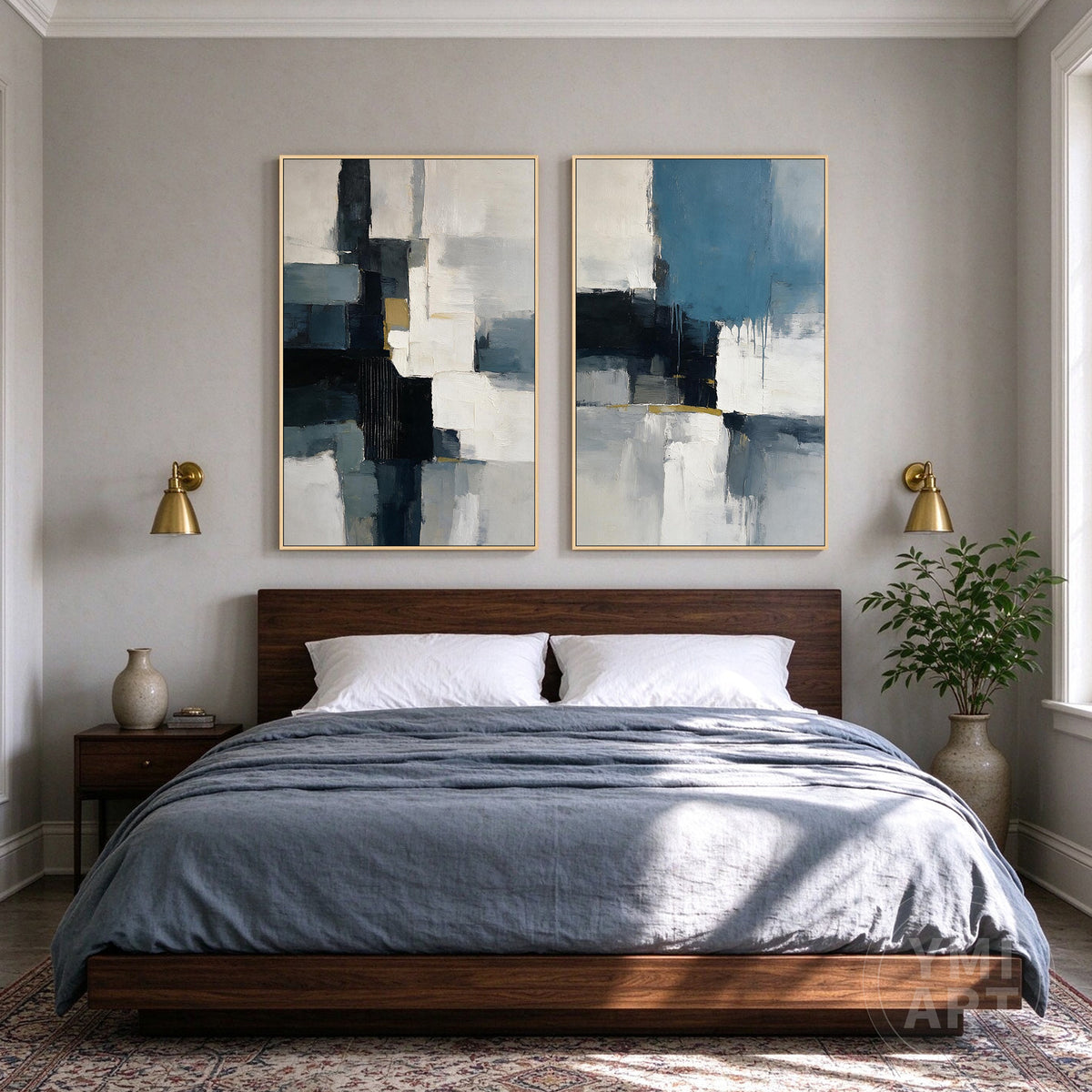 Textured abstract canvas featuring layered blue gray and white blocks with expressive brushwork