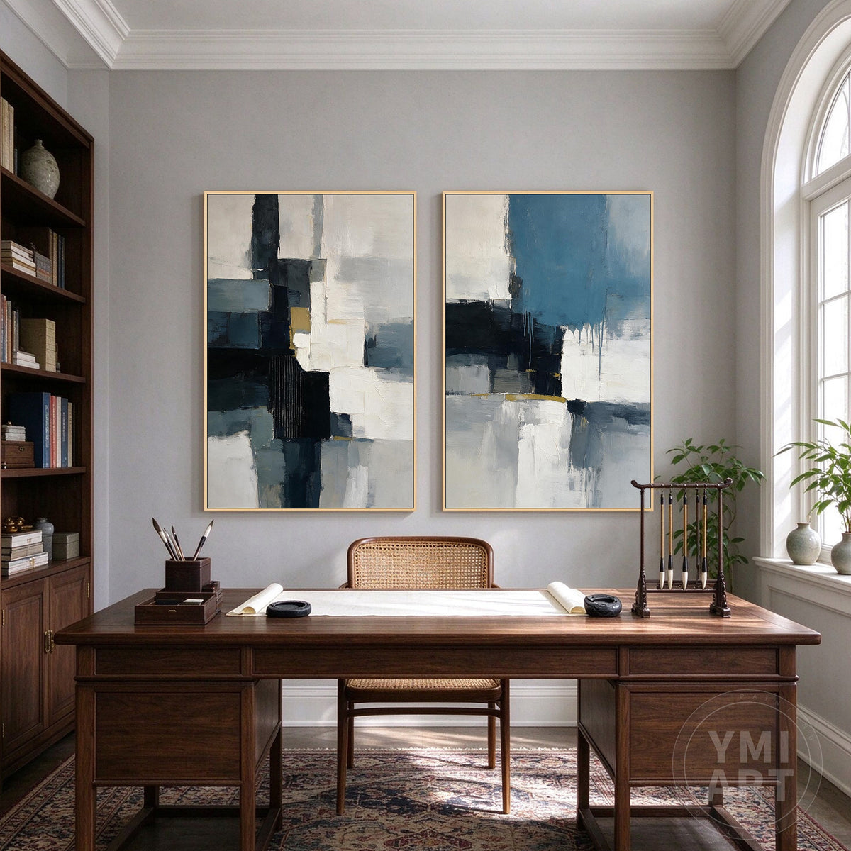 Close-up of black white and blue gray abstract painting with thick textured brushstrokes