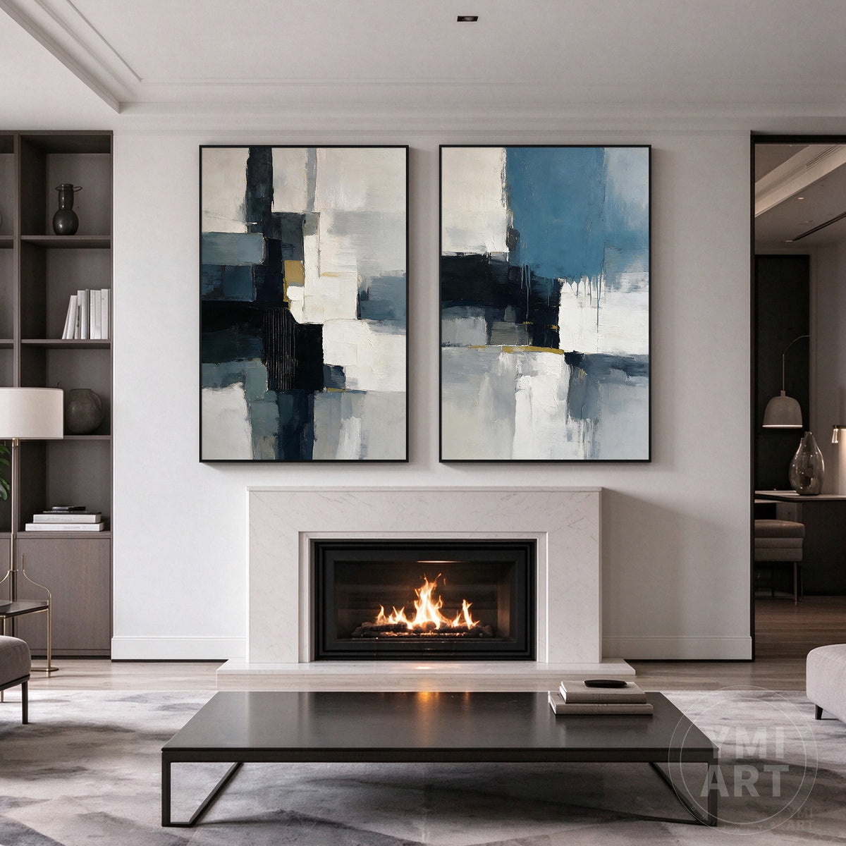 Two-panel blue gray abstract wall art displayed in a contemporary minimalist interior