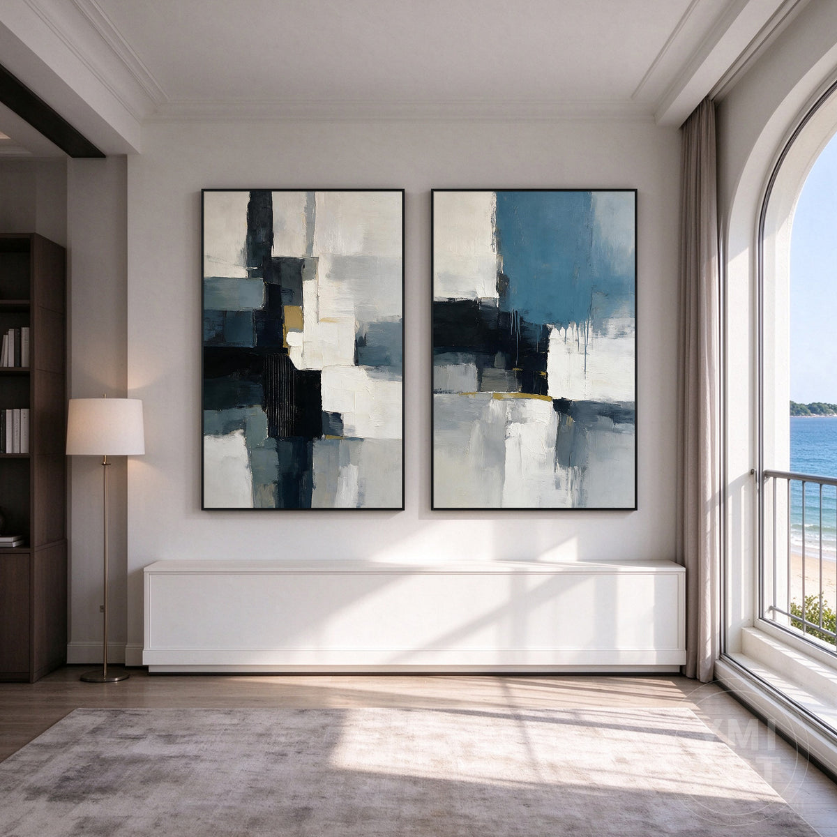 Vertical abstract diptych in blue gray black and cream for modern living room wall decor