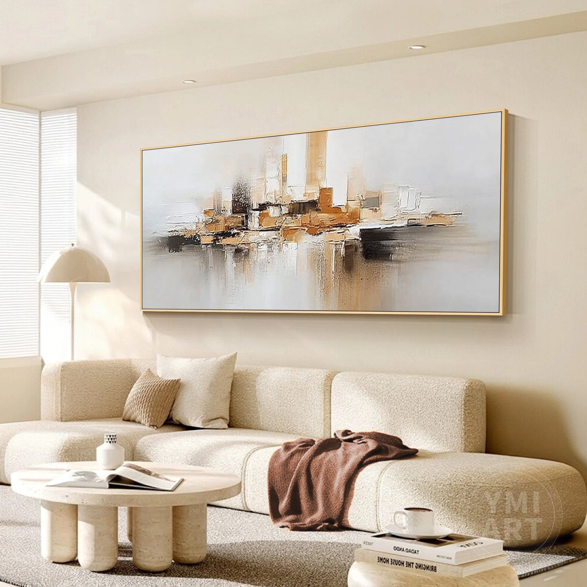 Modern abstract cityscape painting displayed as elegant living room wall decor