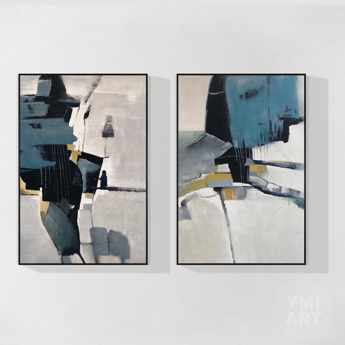 Two-piece abstract canvas wall art featuring deep blue, soft gray, white, and subtle gold accents.