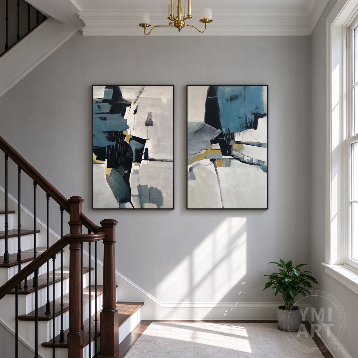 Vertical blue and white abstract paintings with expressive geometric shapes and layered brushstrokes.
