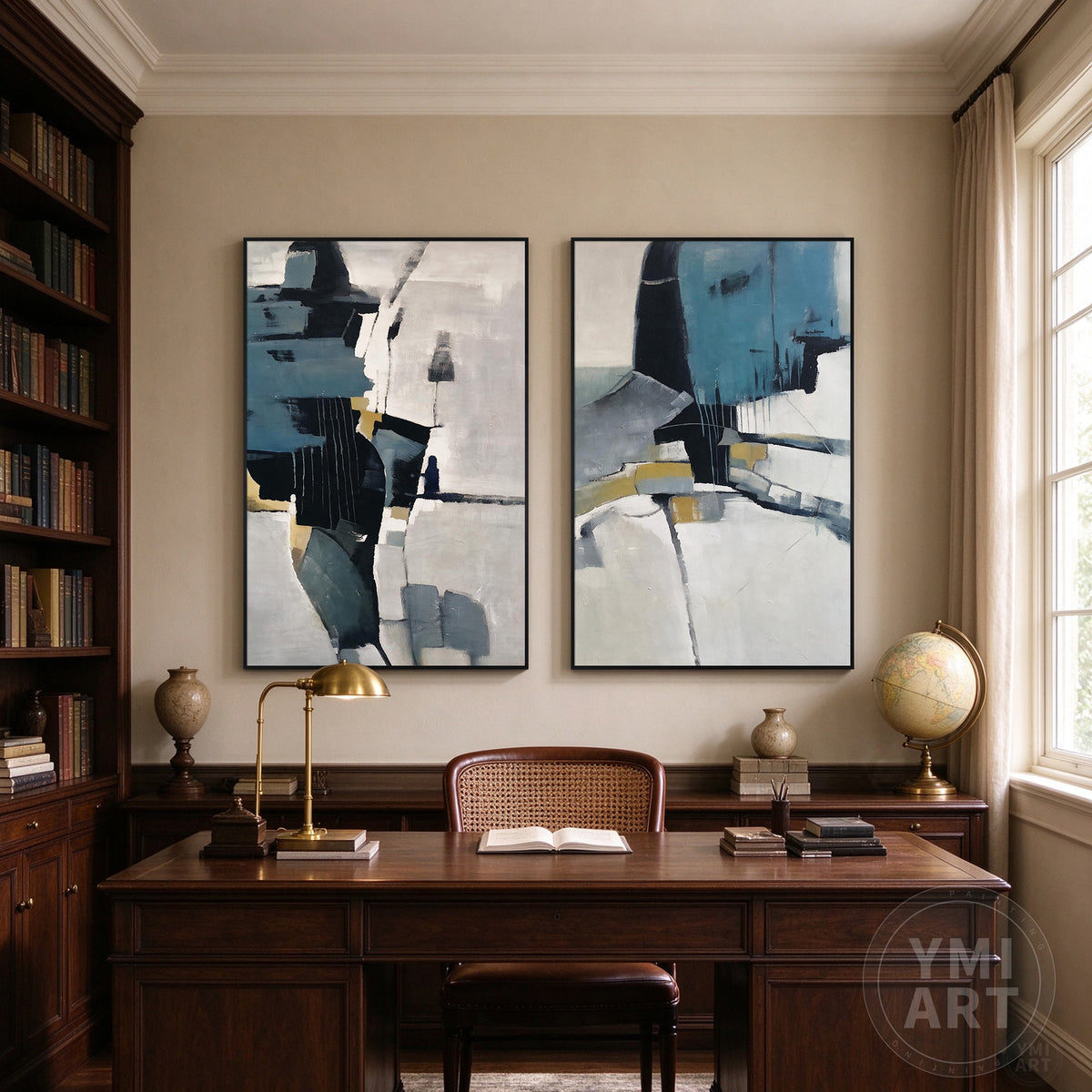 Contemporary abstract diptych in navy blue, teal, gray, and white for modern home decor.