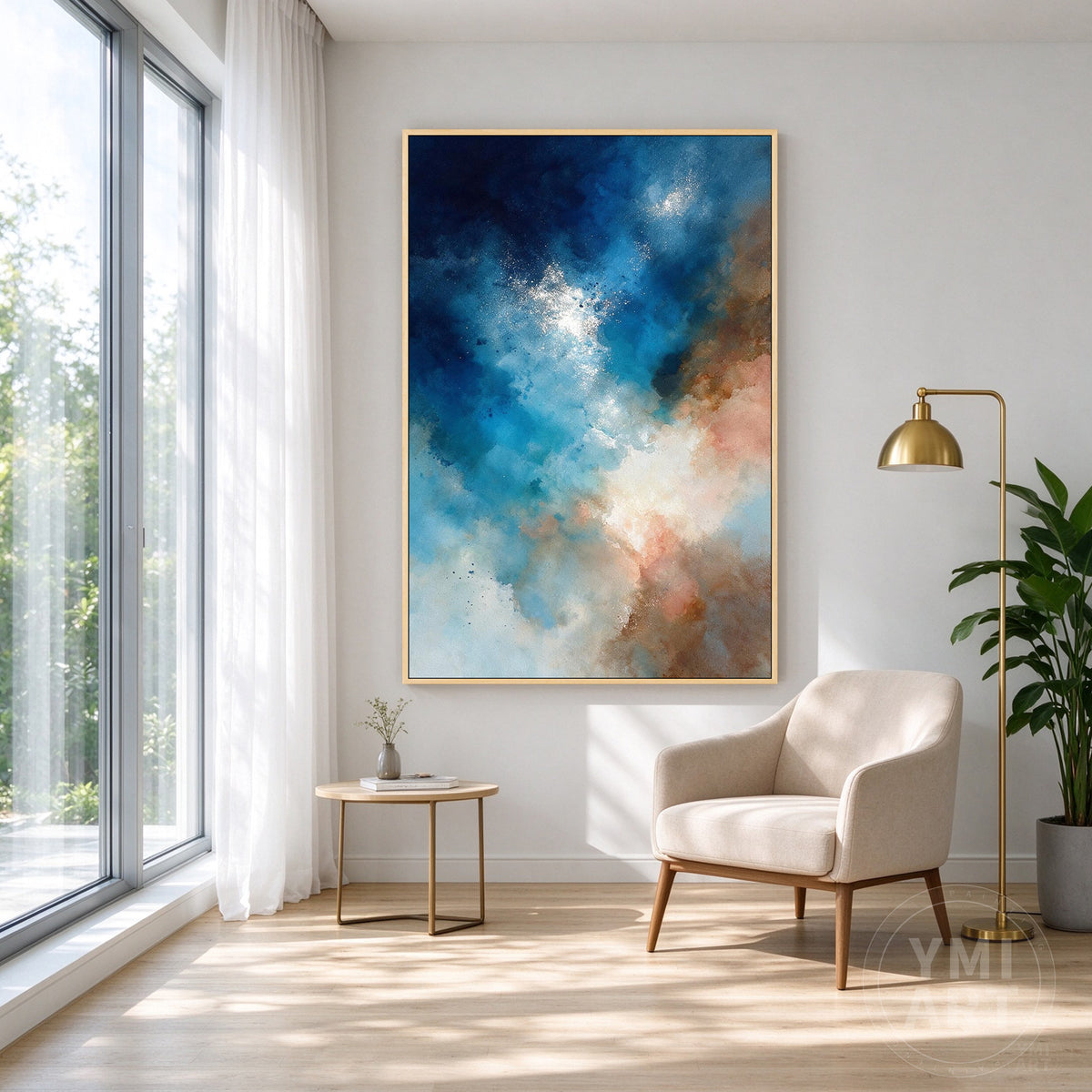 Vertical 2:3 ratio starry navy blue abstract canvas art displayed in a modern, brightly lit living room above a couch.