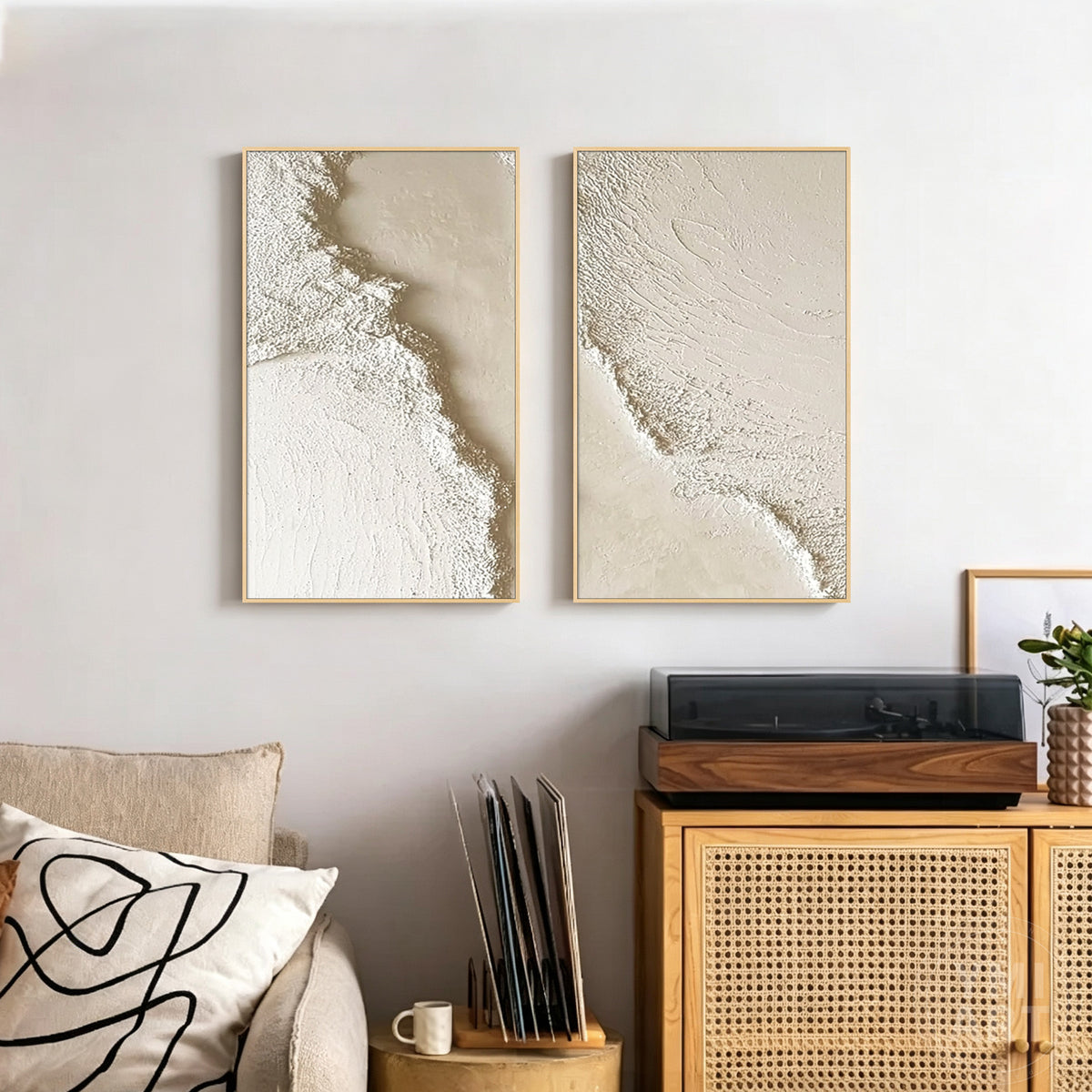 Beige textured abstract wall art with organic flowing patterns