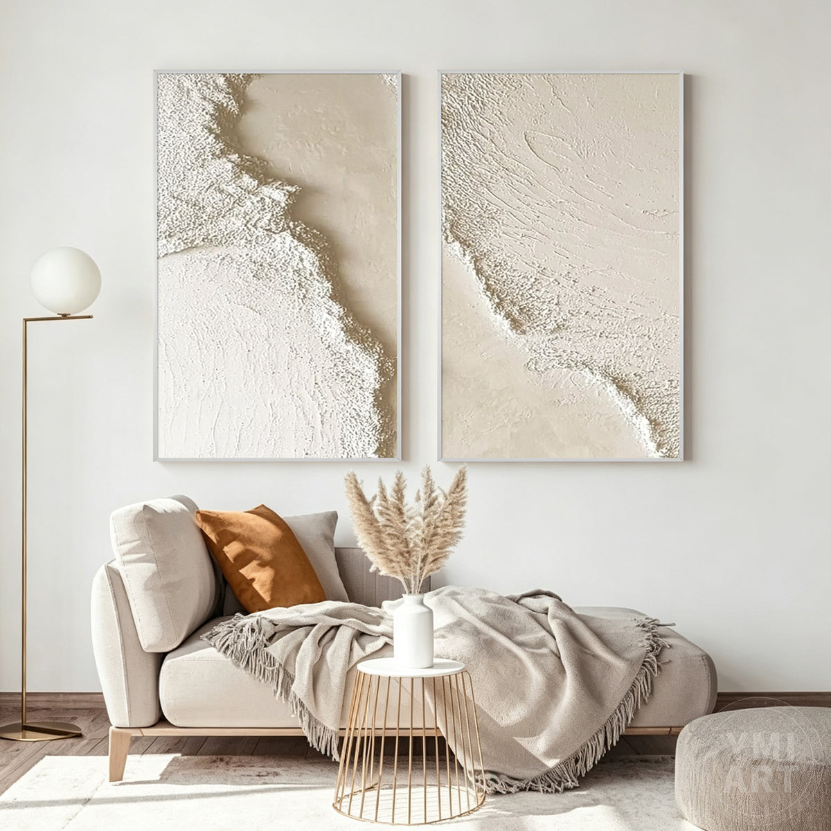 Minimalist neutral diptych painting with raised textured details