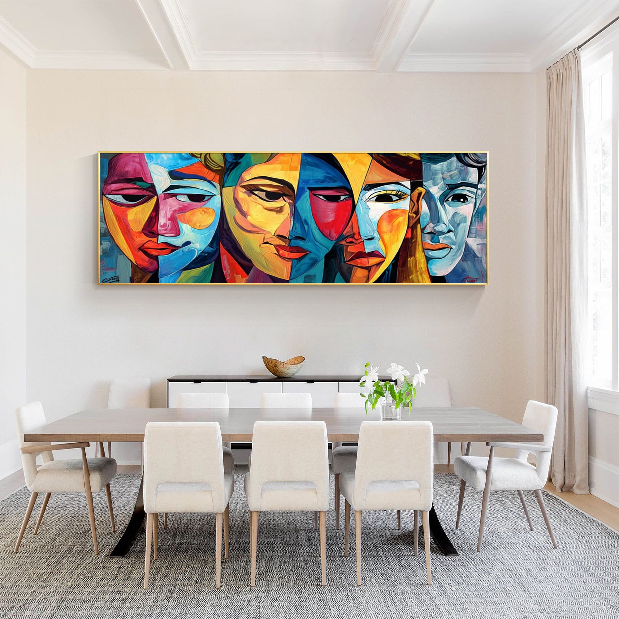 long horizontal thick textured cubist geometric abstract face wall art with vibrant blue yellow red purple tones for modern maximalist eclectic luxury home decor