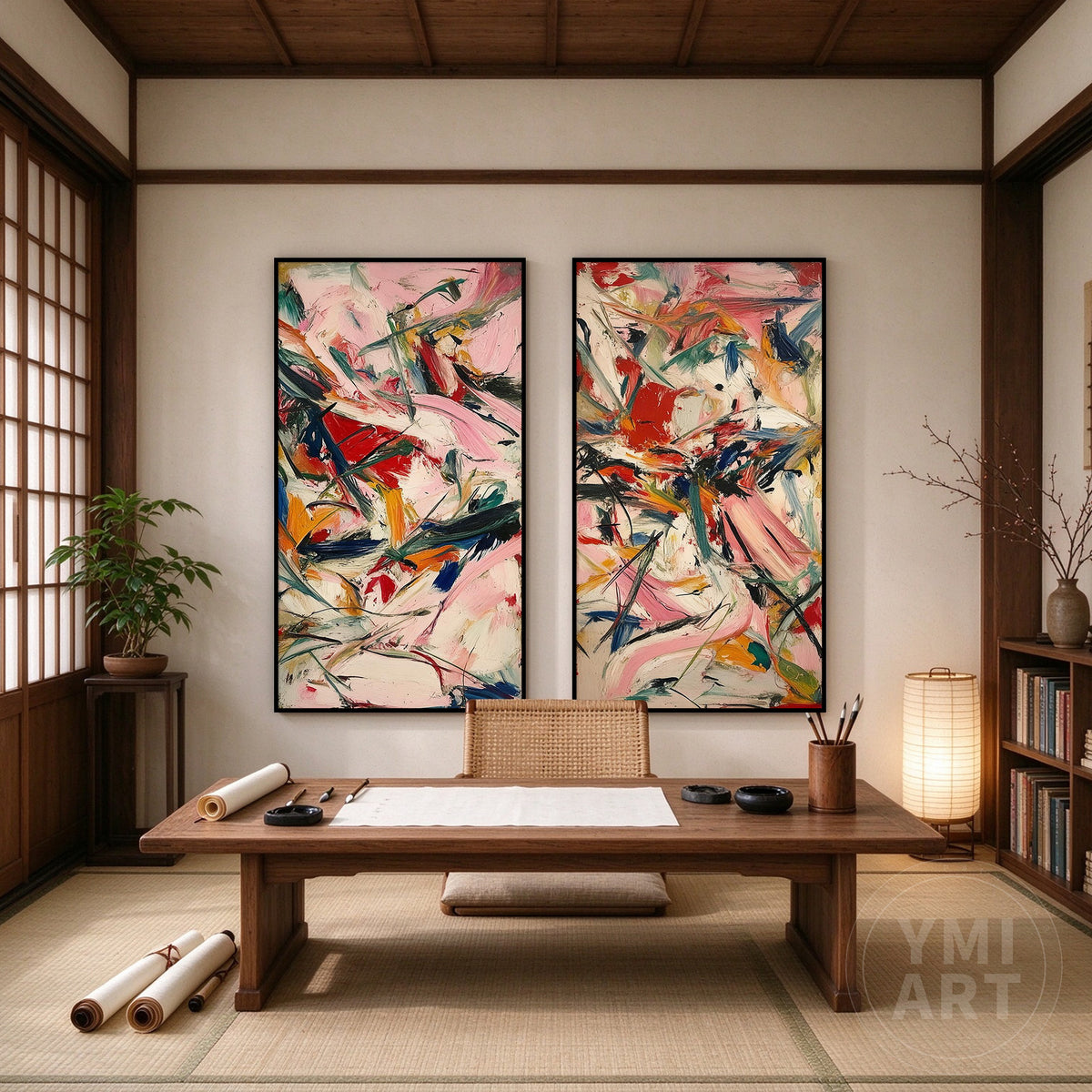 Colorful abstract diptych wall art adding pink, red, and green accents to a contemporary room.
