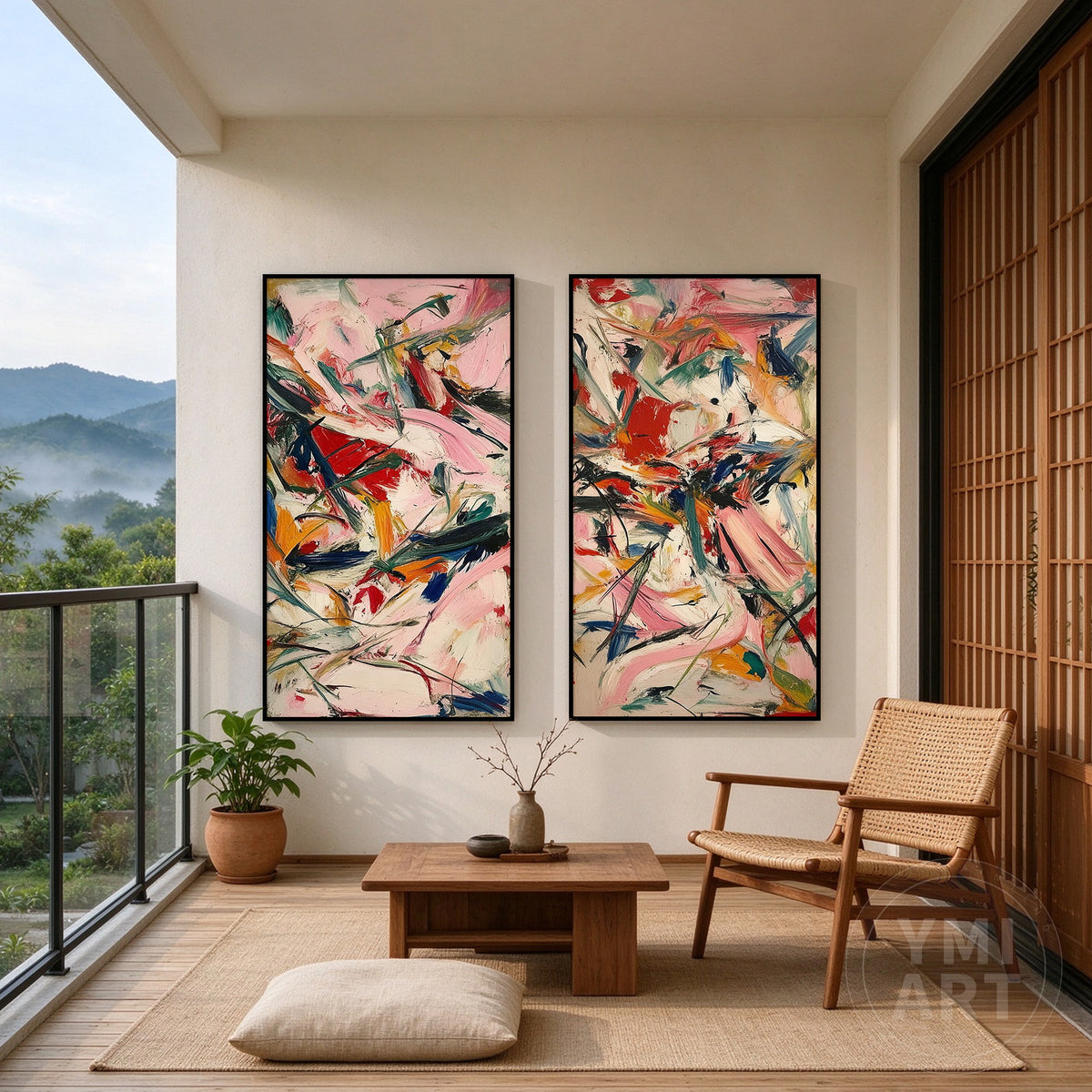 Close-up of pink, red, ivory, mustard yellow, green, and navy brushstrokes in colorful abstract wall art.