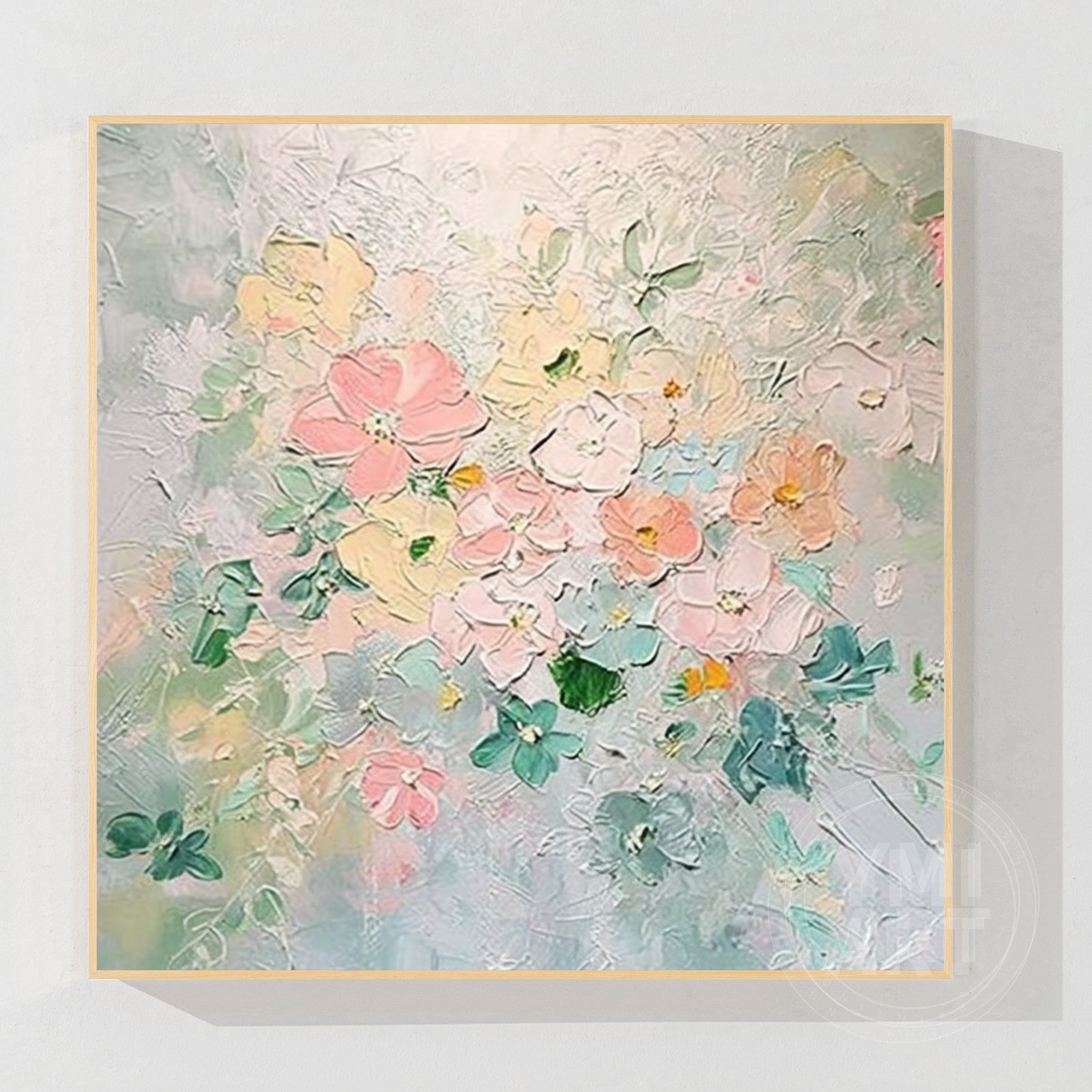 Hand‑painted square thick impasto textured pastel floral wall art with pink yellow green garden blooms and gold frame for cottagecore boho japandi modern home decor