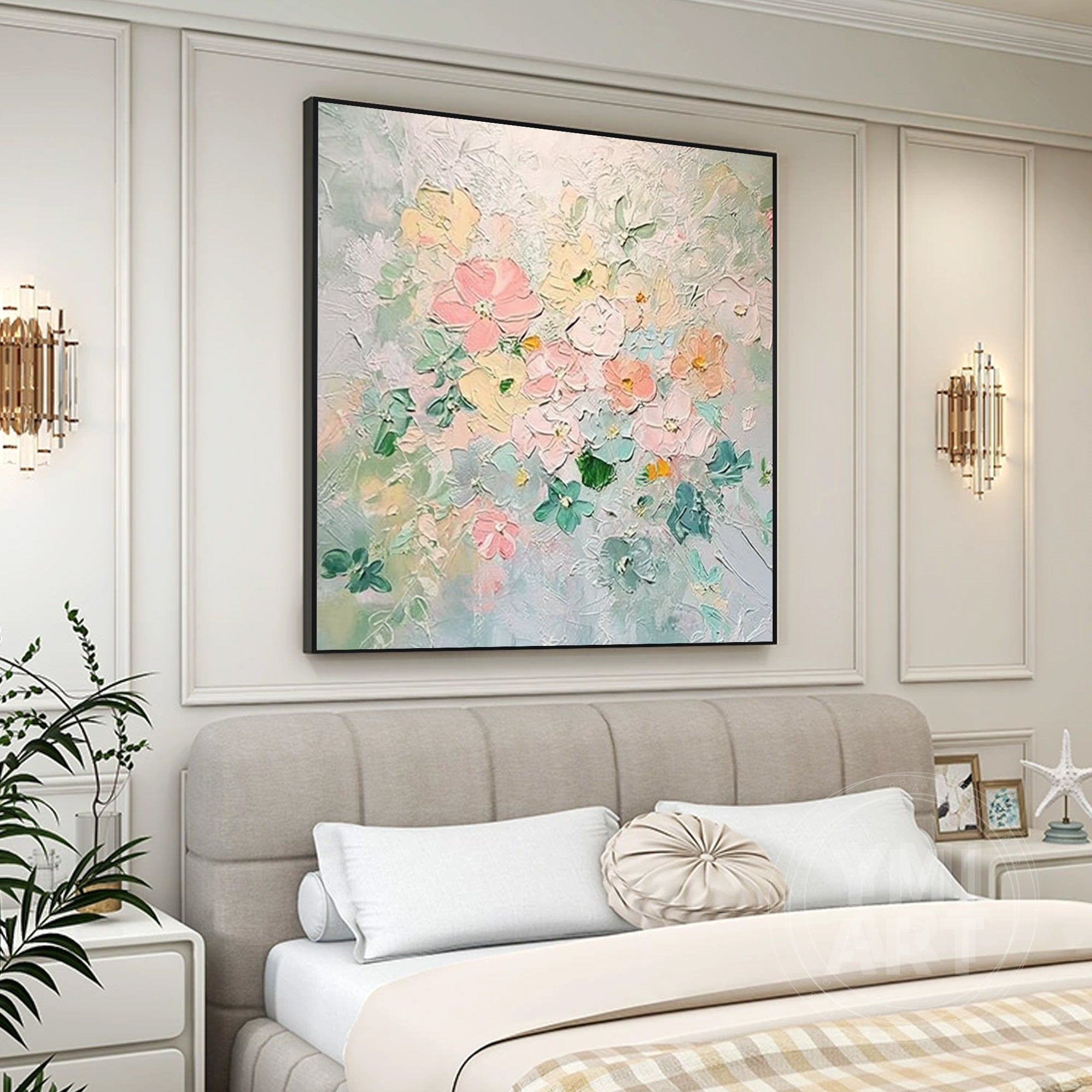 Hand‑painted square thick impasto textured pastel floral wall art with pink yellow green garden blooms and gold frame for cottagecore boho japandi modern home decor