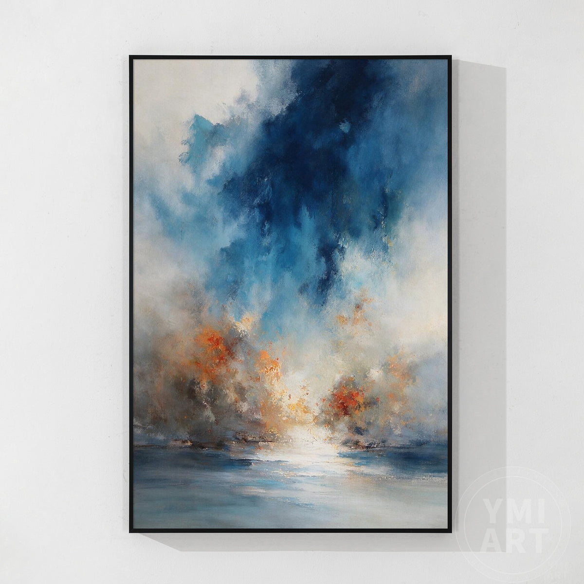 Vertical blue abstract wall art with navy, ivory, and rust-orange colors displayed in a slim black frame.