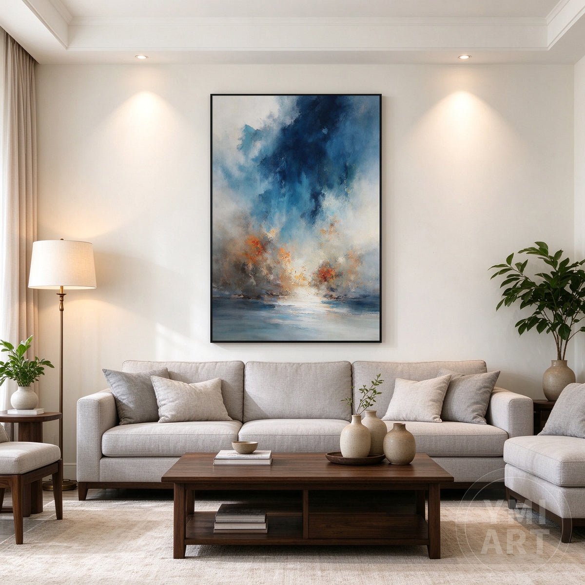 Modern blue abstract painting with ivory and rust-orange accents styled as a focal point in a contemporary living room.