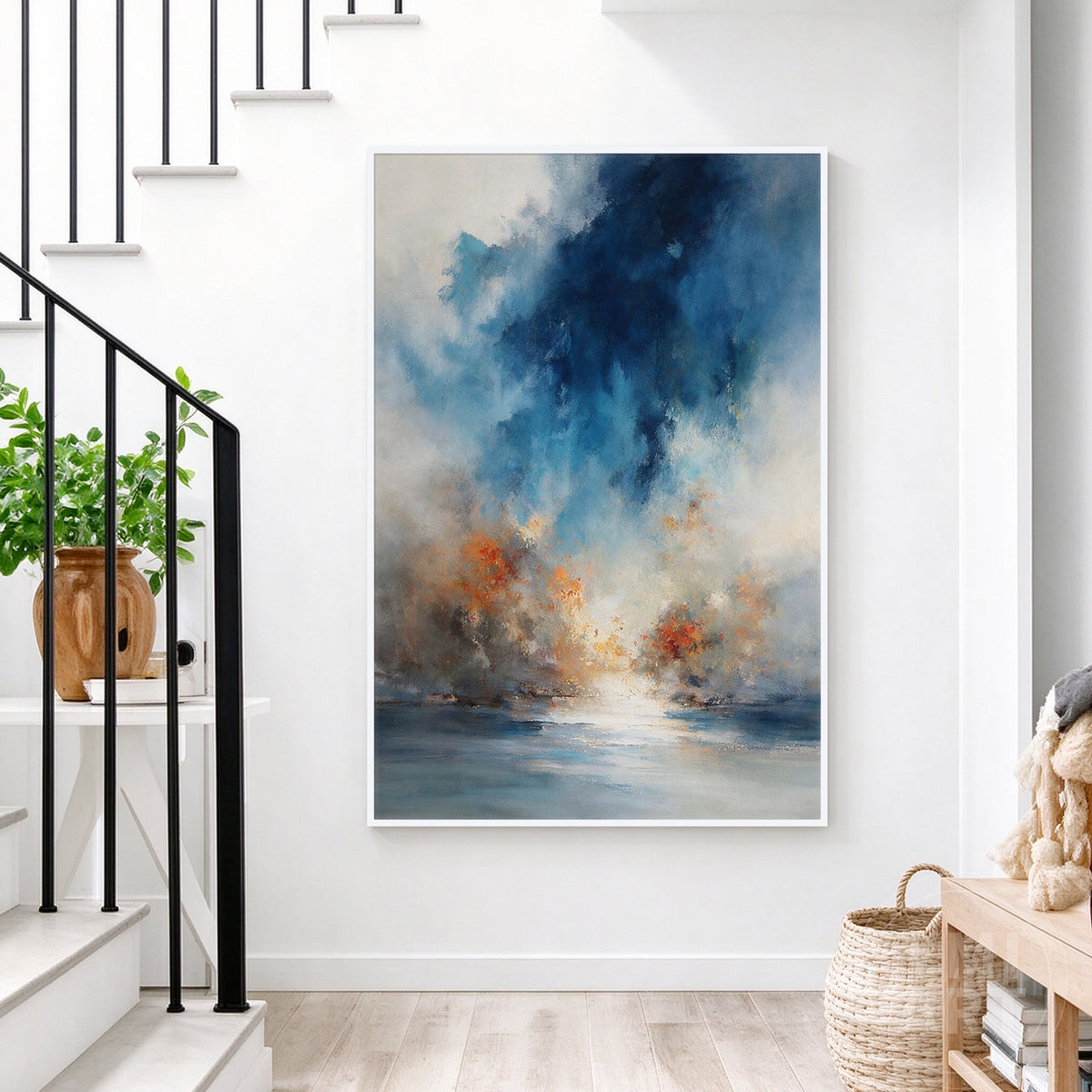 Close-up of textured blue abstract painting with layered navy, sky-blue, cream, and ivory brushstrokes.