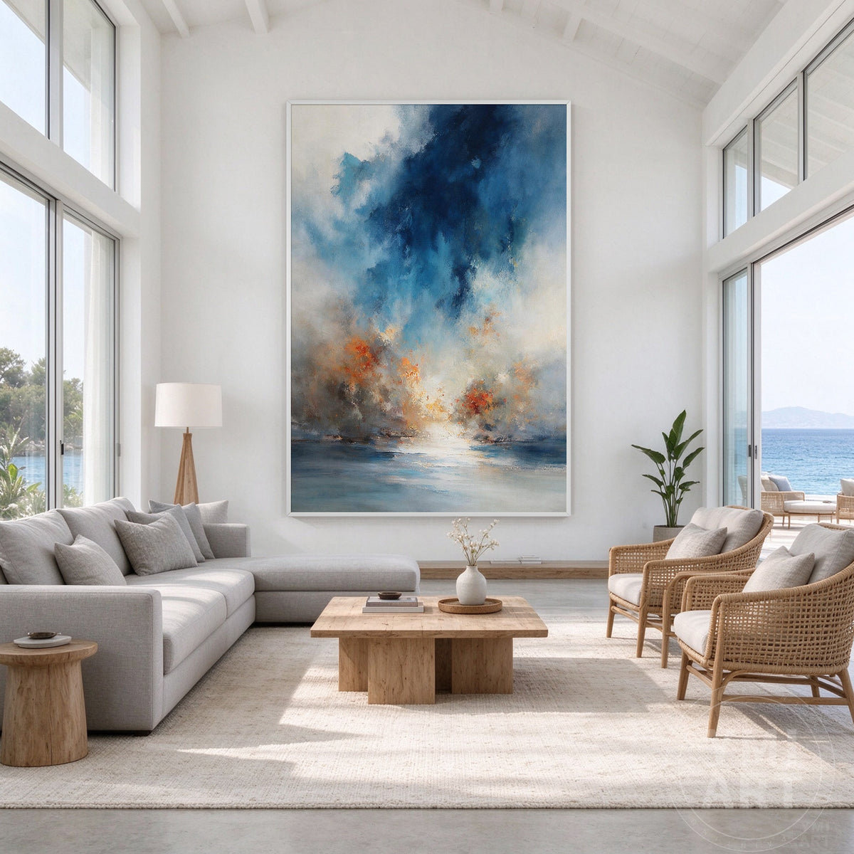 Modern abstract artwork combining deep blue, light blue, ivory, and rust-orange accents for warm color contrast.