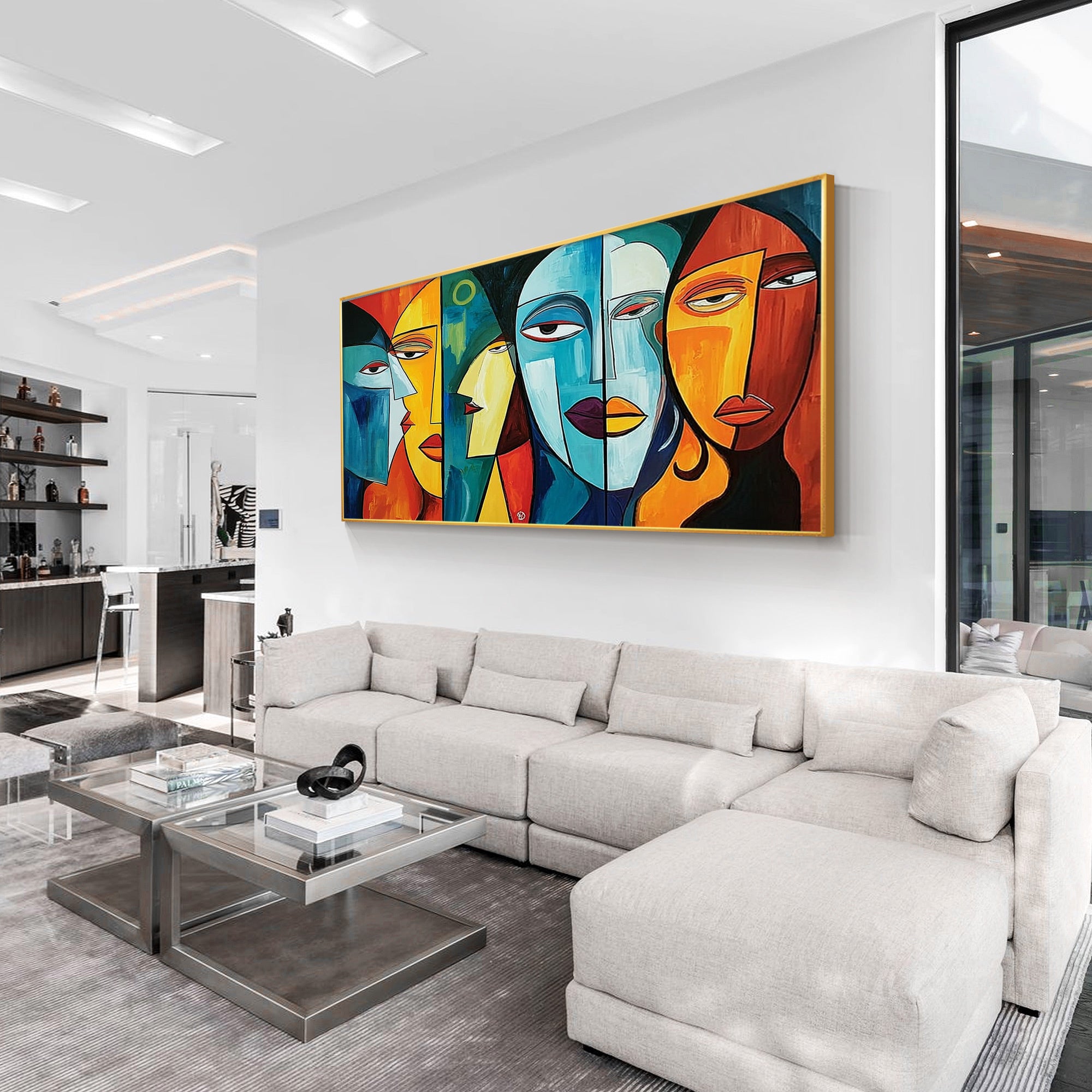 Hand‑painted horizontal cubist geometric abstract face portrait wall art with bold blue orange yellow red tones for modern contemporary maximalist eclectic home decor