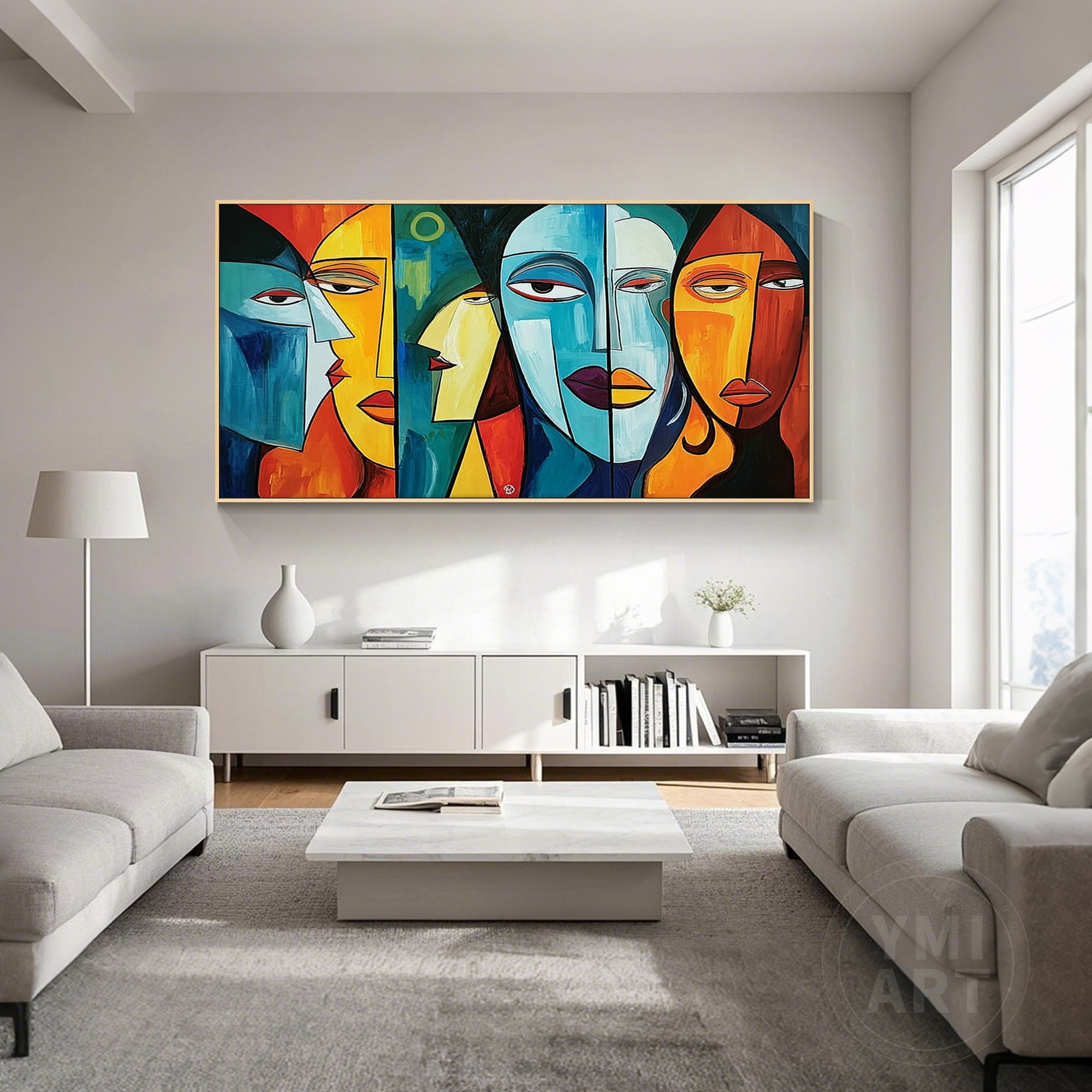 Hand‑painted horizontal cubist geometric abstract face portrait wall art with bold blue orange yellow red tones for modern contemporary maximalist eclectic home decor