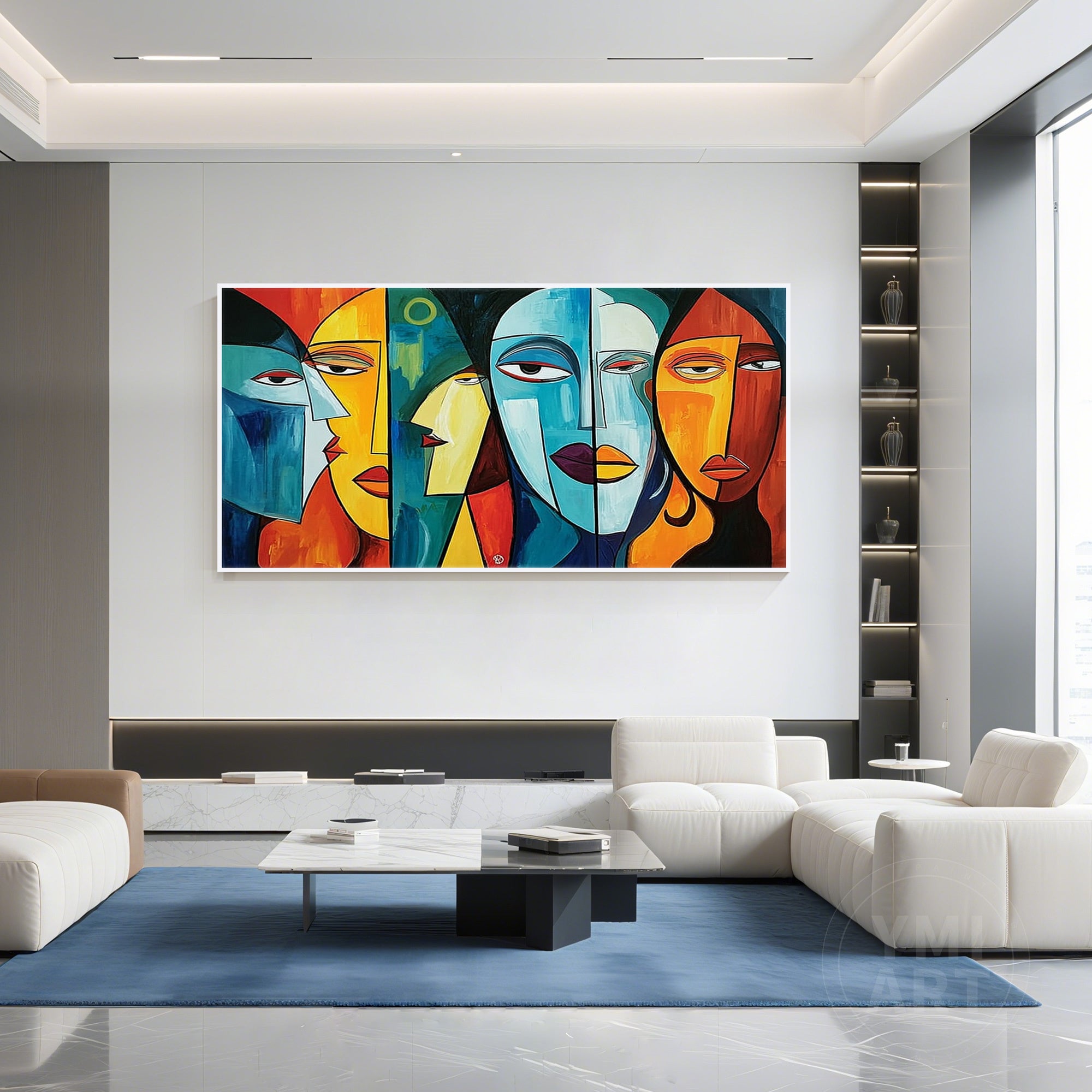 Hand‑painted horizontal cubist geometric abstract face portrait wall art with bold blue orange yellow red tones for modern contemporary maximalist eclectic home decor