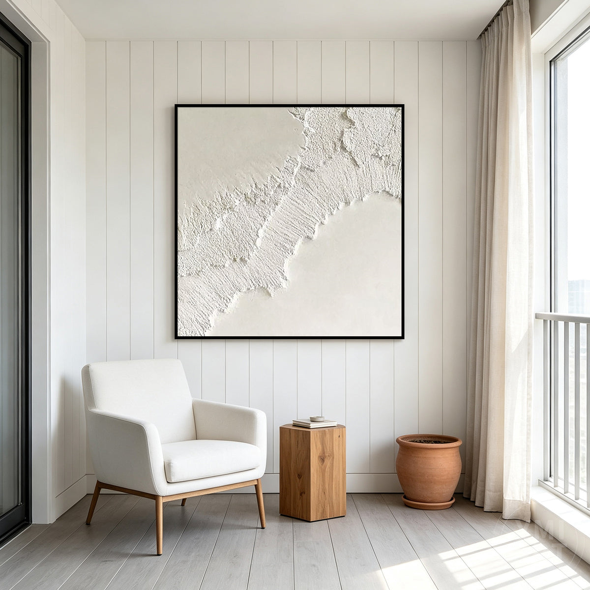 Neutral abstract textured wall art in soft white tones