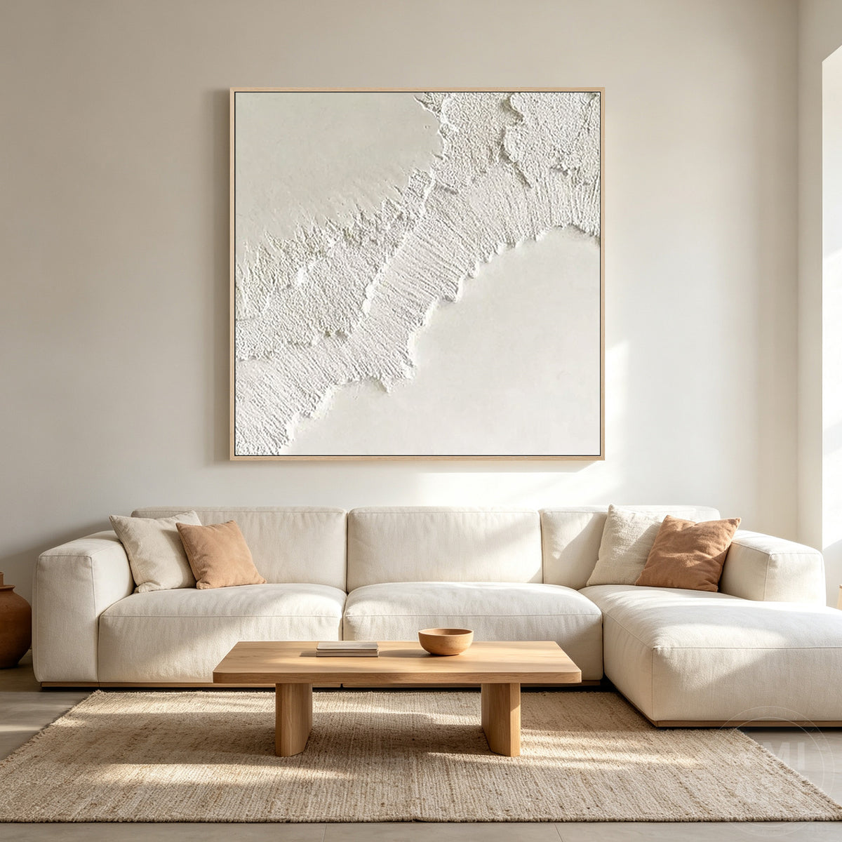 Minimalist neutral wall painting with an elegant white textured surface